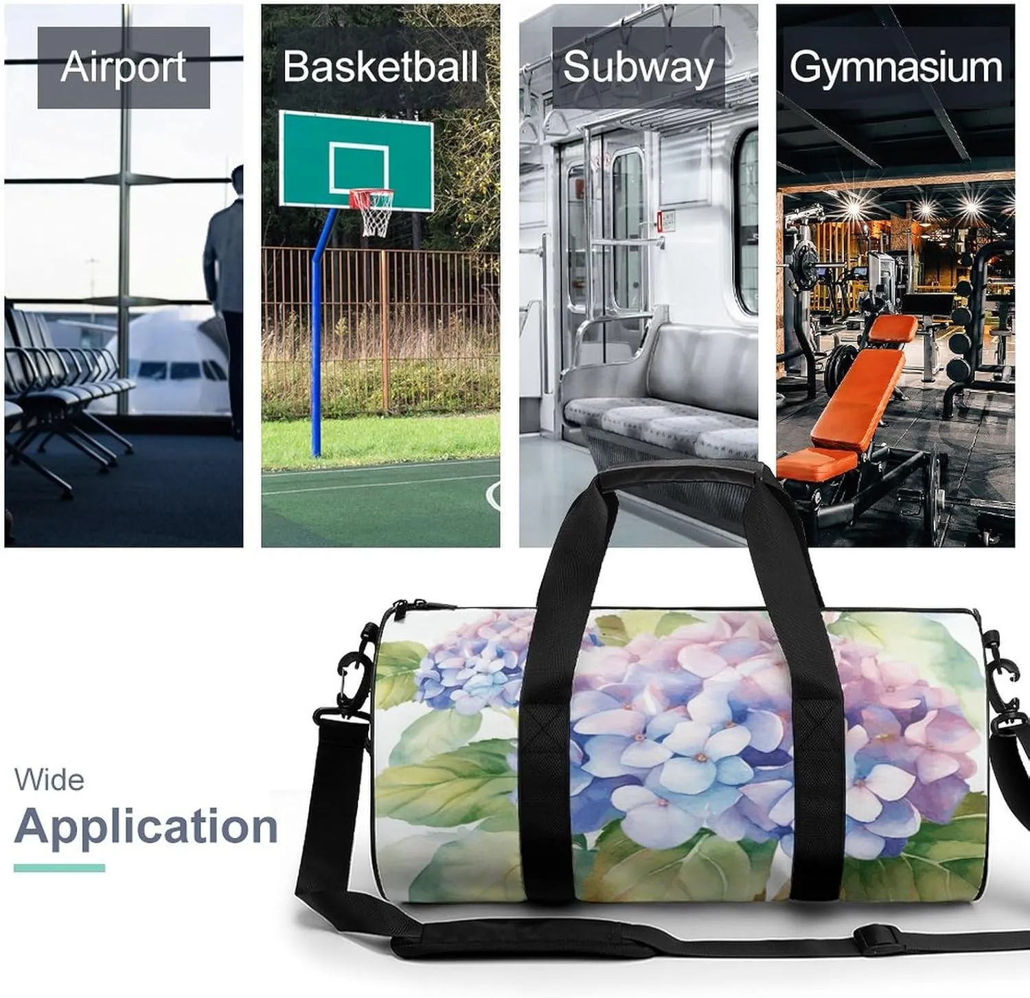 Gym Bag Hydrangea Watercolor Duffel Bag for Men Women Overnight Bag with Shoe Compartment Workout Bags