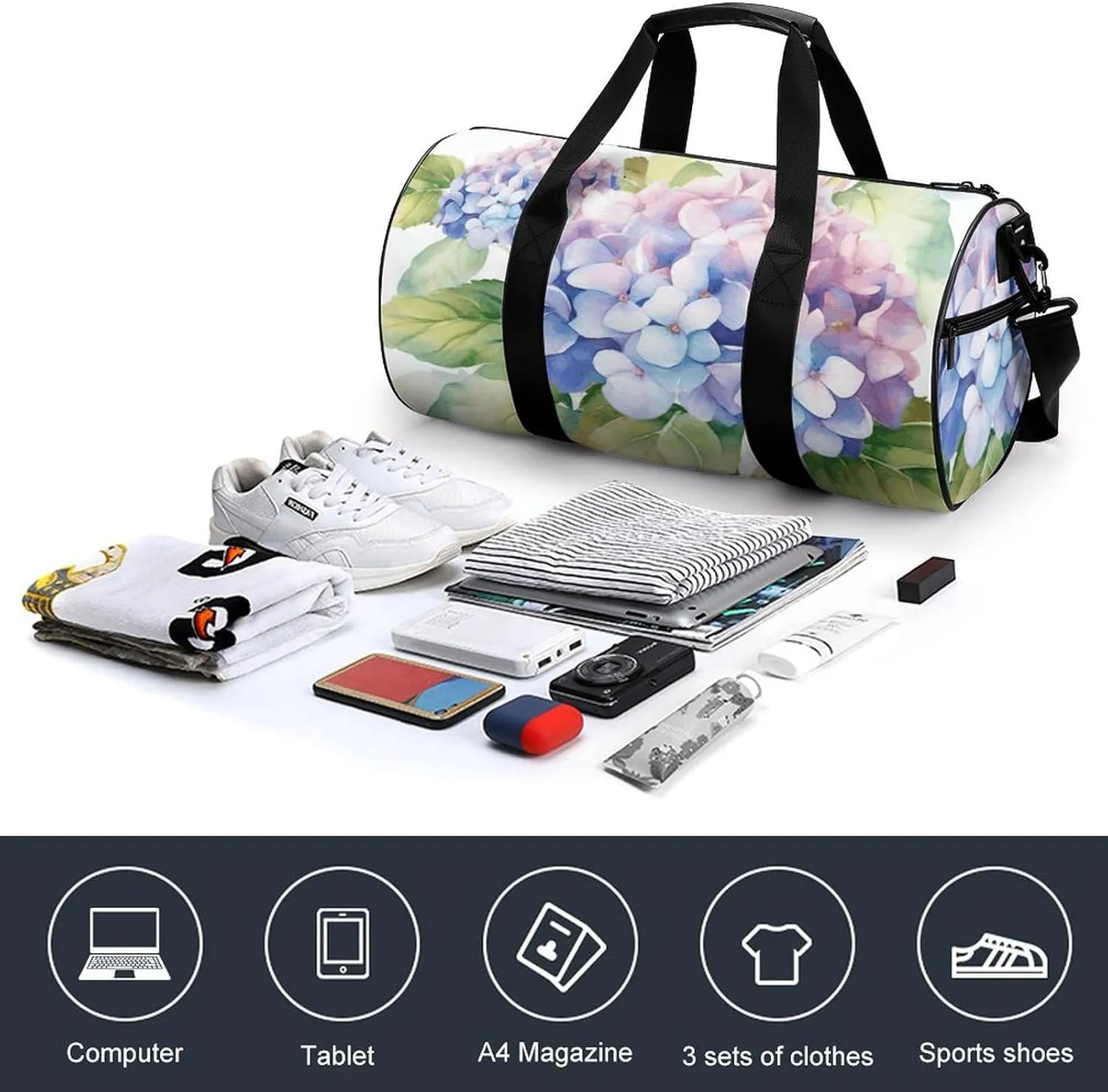 Gym Bag Hydrangea Watercolor Duffel Bag for Men Women Overnight Bag with Shoe Compartment Workout Bags