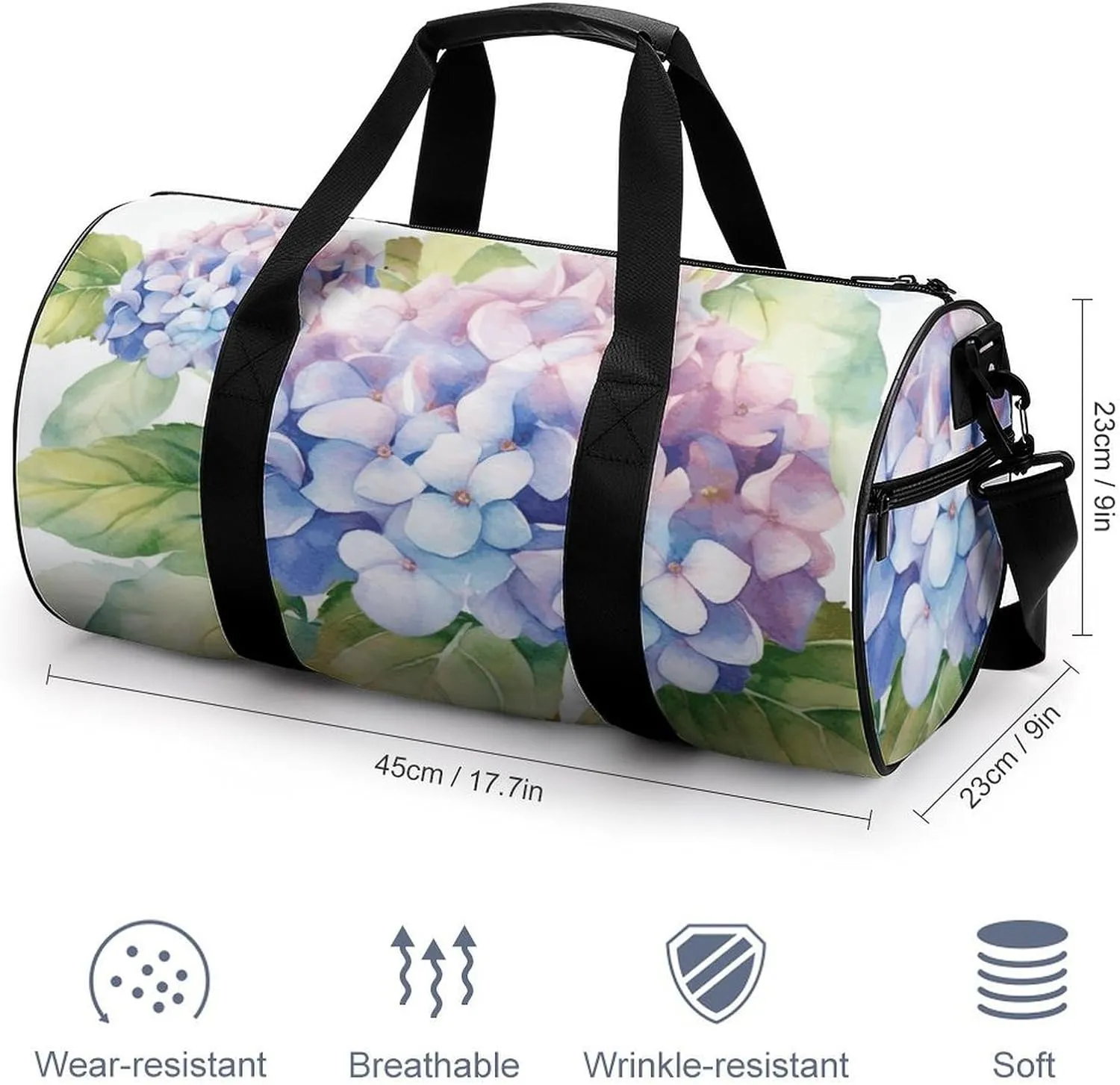 Gym Bag Hydrangea Watercolor Duffel Bag for Men Women Overnight Bag with Shoe Compartment Workout Bags