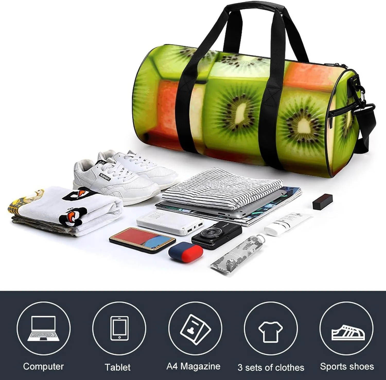 Gym Bag Kiwi Watermelon Duffel Bag for Men Women Overnight Bag with Shoe Compartment Workout Bags
