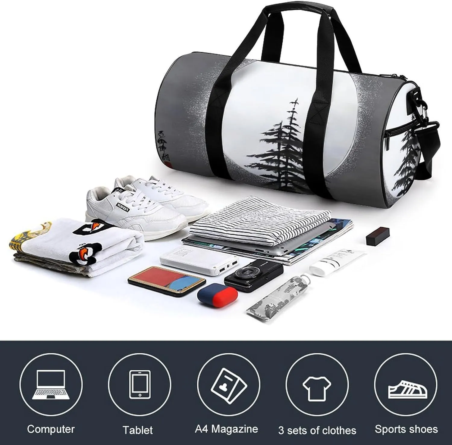 Gym Bag Moon Pine Tree Duffel Bag for Men Women Overnight Bag with Shoe Compartment Workout Bags