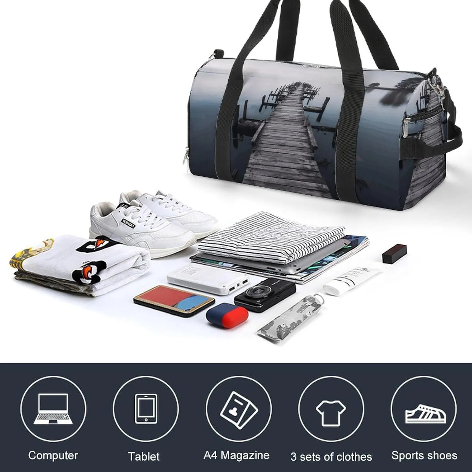 Gym Bag Old Wood Pier Duffel Bag for Men Women Overnight Bag with Shoe Compartment Workout Bags