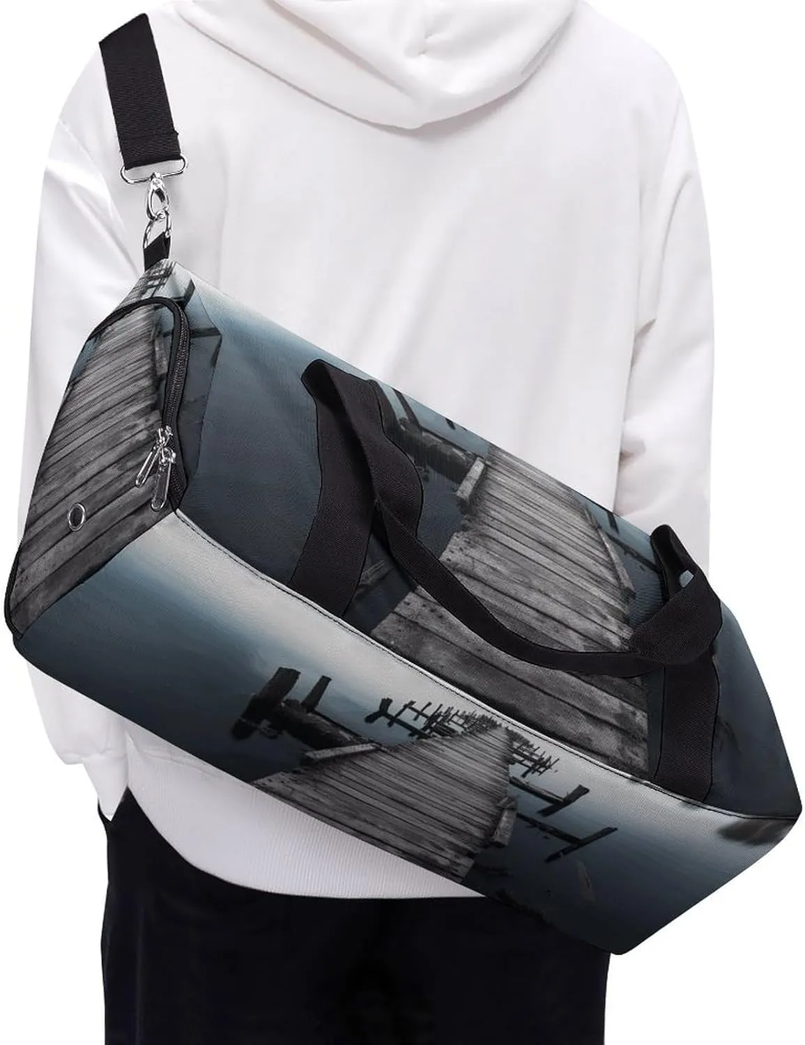 Gym Bag Old Wood Pier Duffel Bag for Men Women Overnight Bag with Shoe Compartment Workout Bags