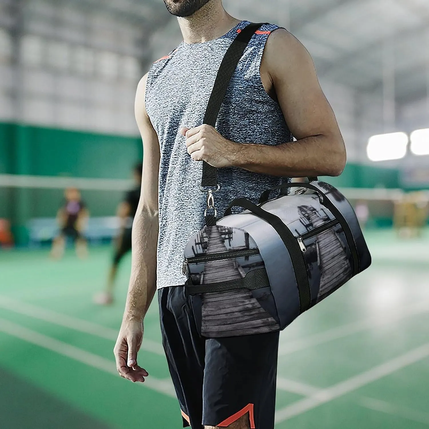 Gym Bag Old Wood Pier Duffel Bag for Men Women Overnight Bag with Shoe Compartment Workout Bags