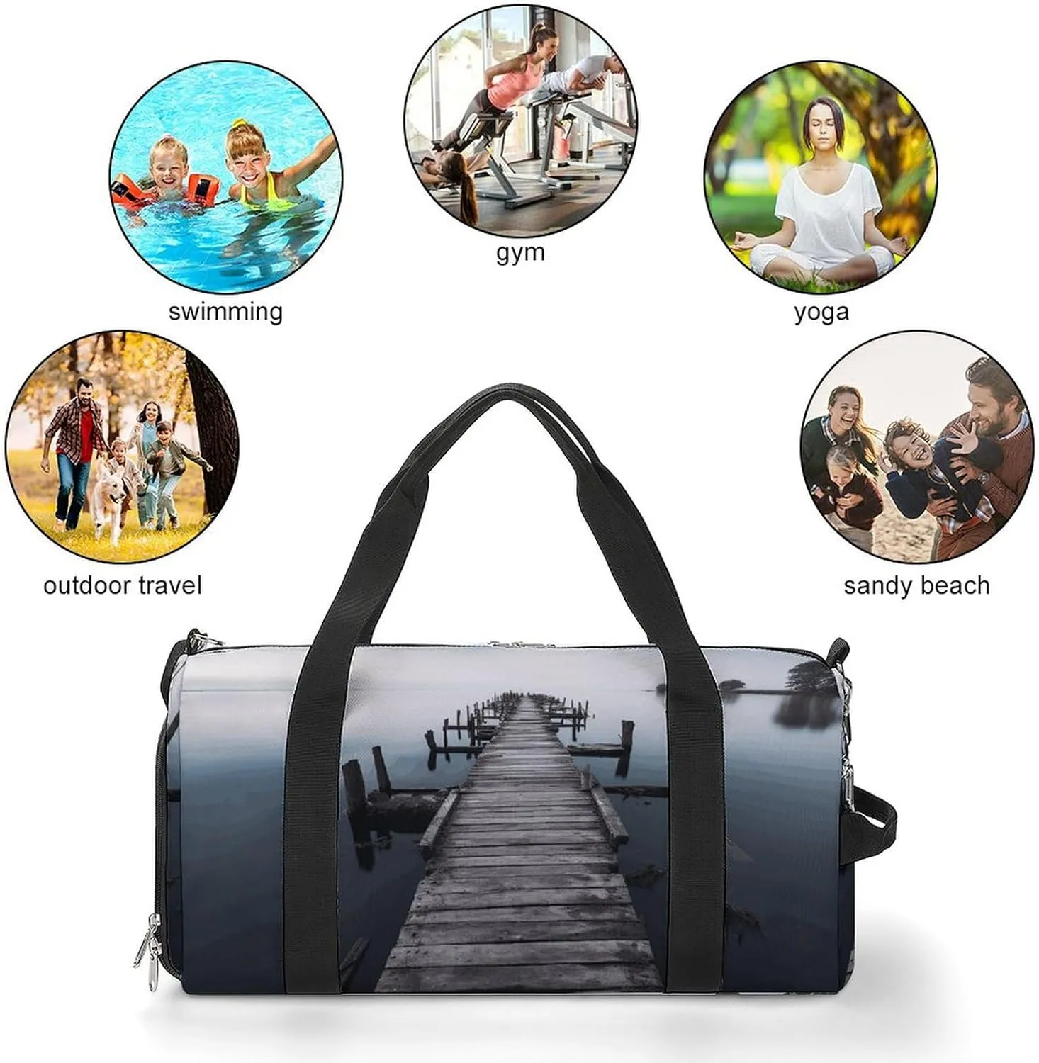 Gym Bag Old Wood Pier Duffel Bag for Men Women Overnight Bag with Shoe Compartment Workout Bags