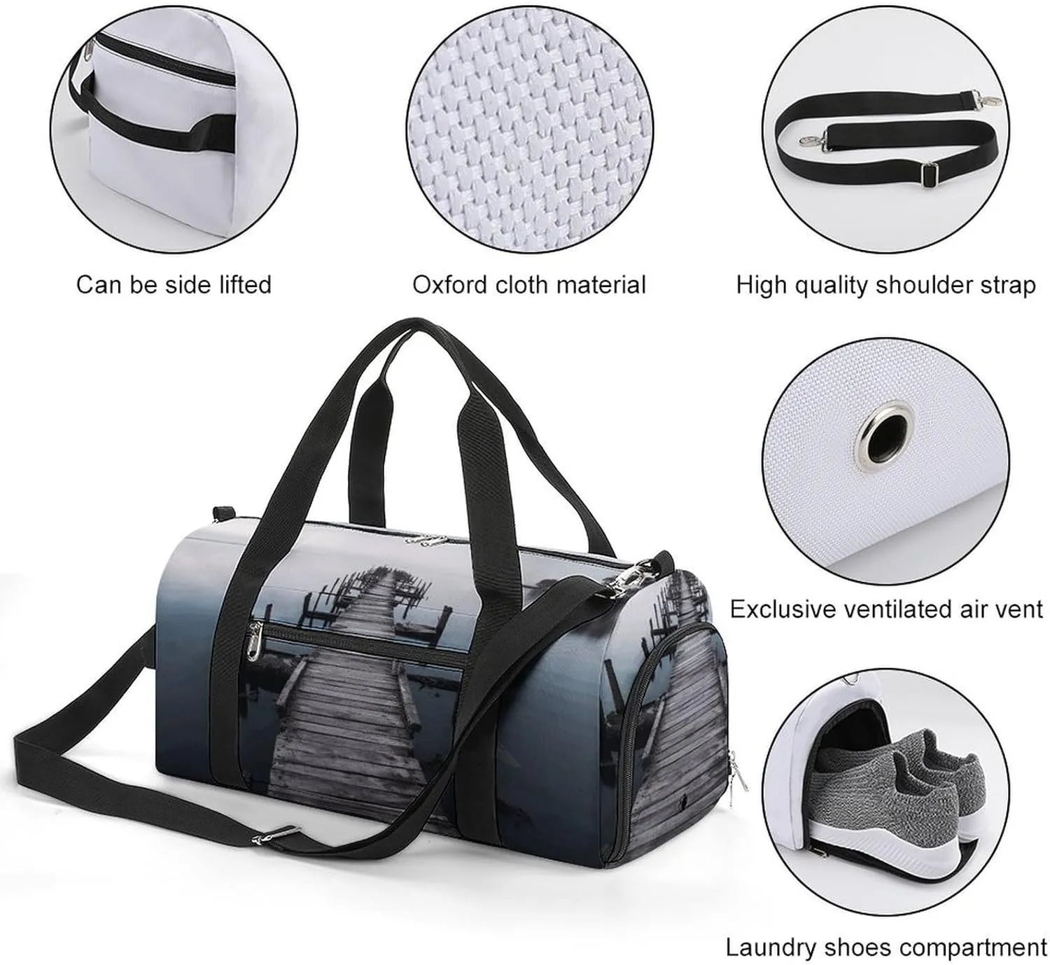 Gym Bag Old Wood Pier Duffel Bag for Men Women Overnight Bag with Shoe Compartment Workout Bags