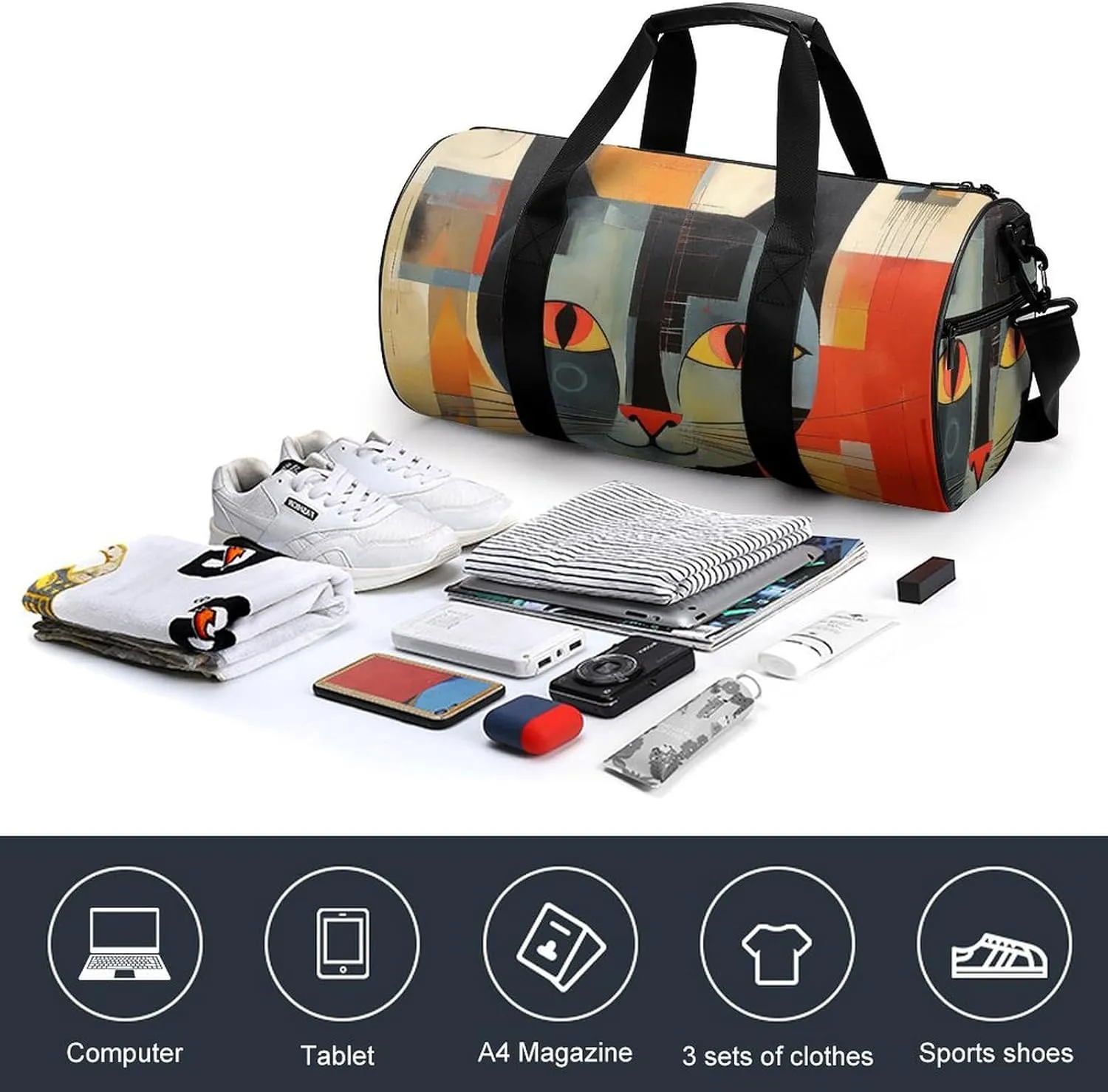 Gym Bag Orange Red Eyes Cat Duffel Bag for Men Women Overnight Bag with Shoe Compartment Workout Bags