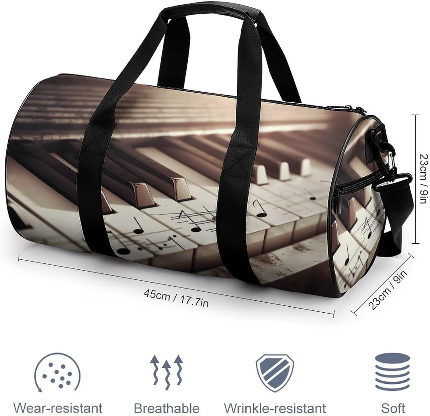 Gym Bag Piano Keys With Musical Notes Duffel Bag for Men Women Overnight Bag with Shoe Compartment Workout Bags