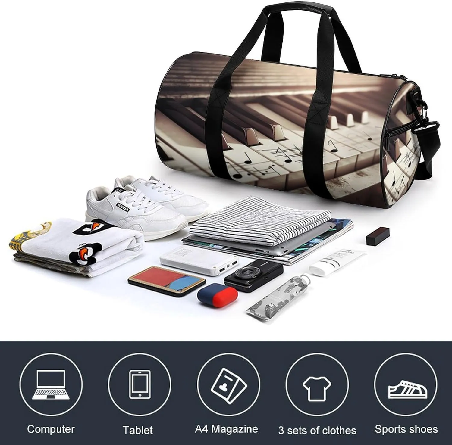 Gym Bag Piano Keys With Musical Notes Duffel Bag for Men Women Overnight Bag with Shoe Compartment Workout Bags