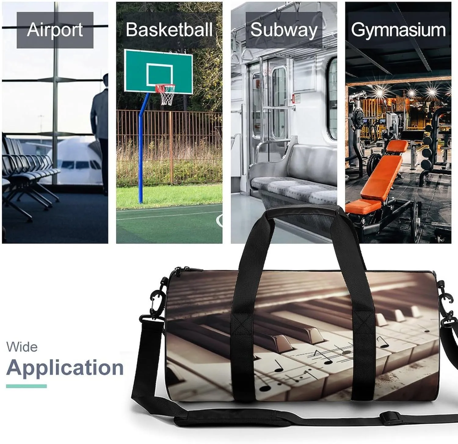 Gym Bag Piano Keys With Musical Notes Duffel Bag for Men Women Overnight Bag with Shoe Compartment Workout Bags