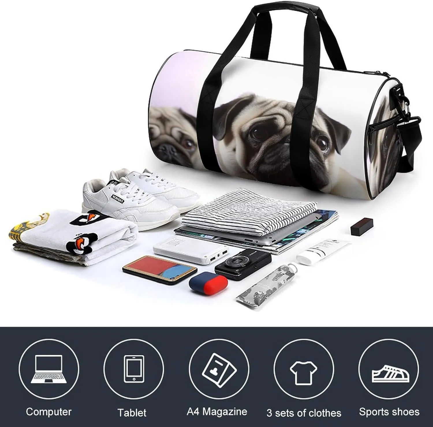 Gym Bag Pug Dog Duffel Bag for Men Women Overnight Bag with Shoe Compartment Workout Bags