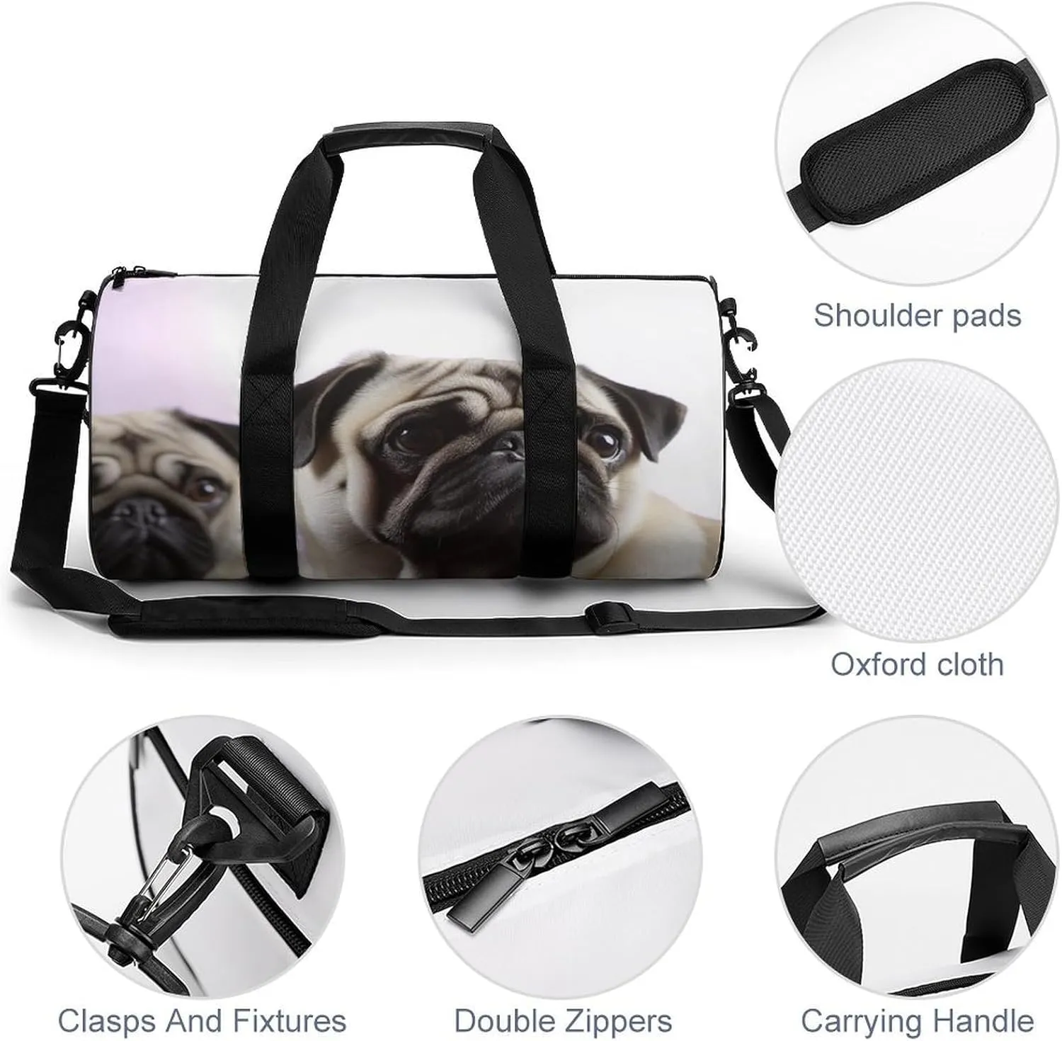 Gym Bag Pug Dog Duffel Bag for Men Women Overnight Bag with Shoe Compartment Workout Bags