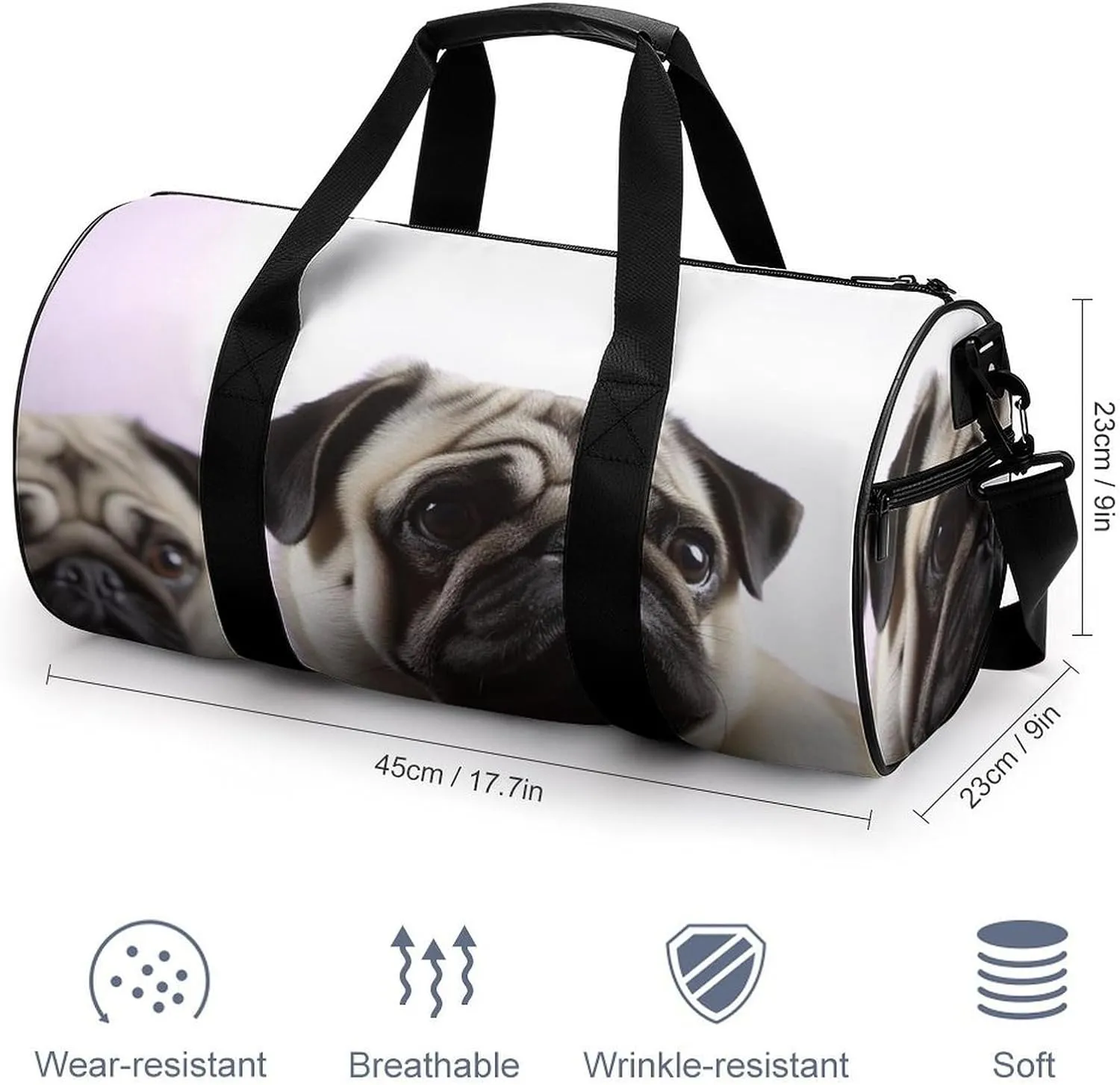 Gym Bag Pug Dog Duffel Bag for Men Women Overnight Bag with Shoe Compartment Workout Bags