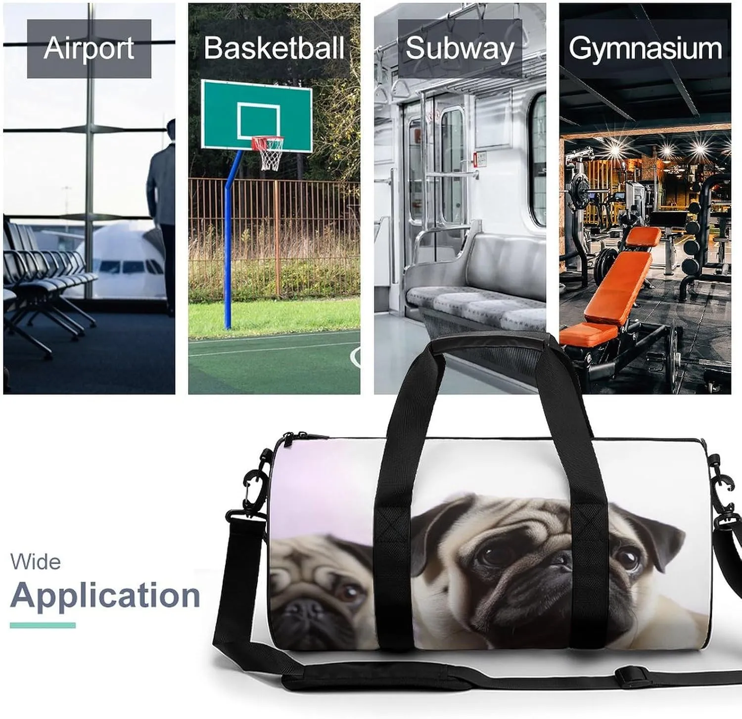 Gym Bag Pug Dog Duffel Bag for Men Women Overnight Bag with Shoe Compartment Workout Bags