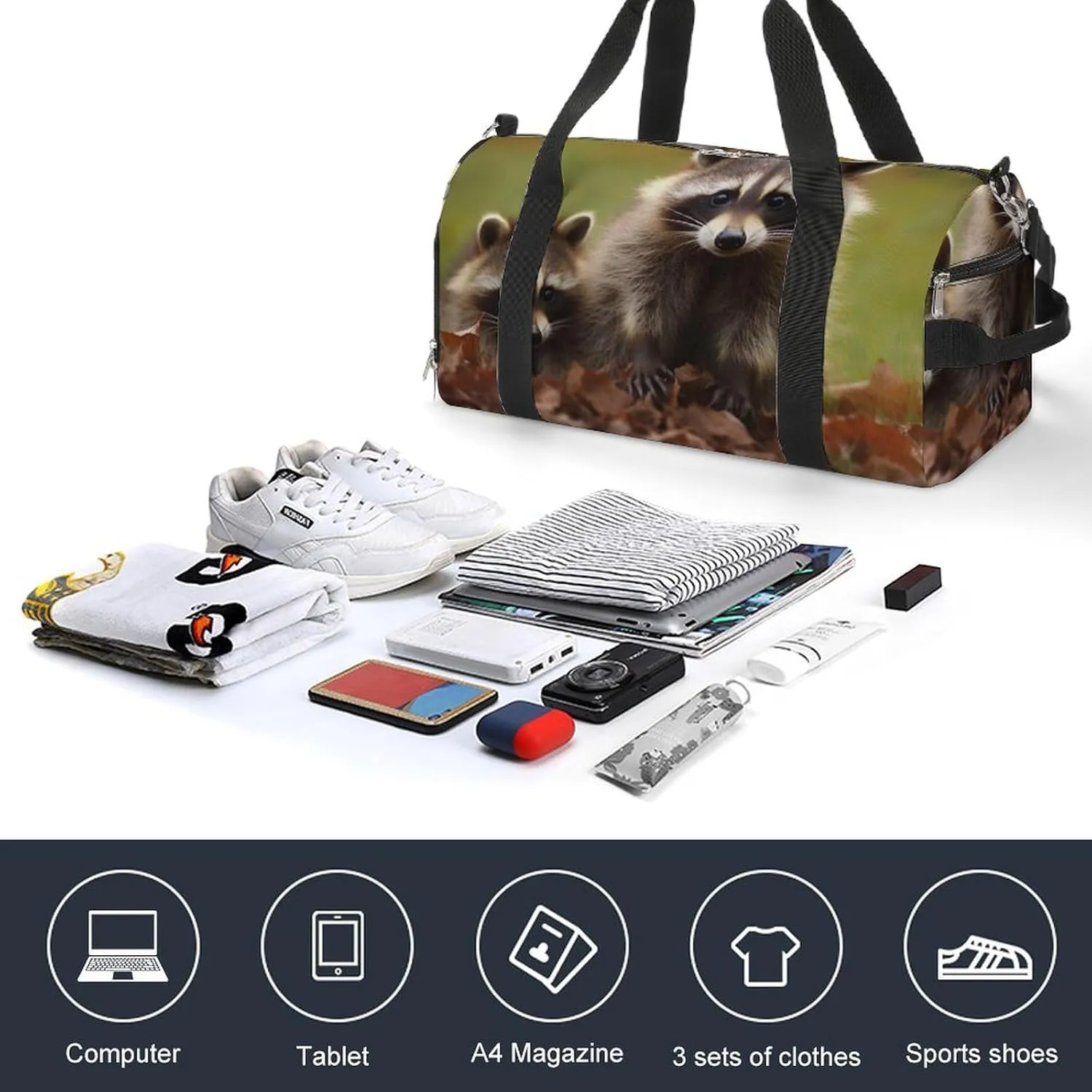 Gym Bag Raccoon Duffel Bag for Men Women Overnight Bag with Shoe Compartment Workout Bags