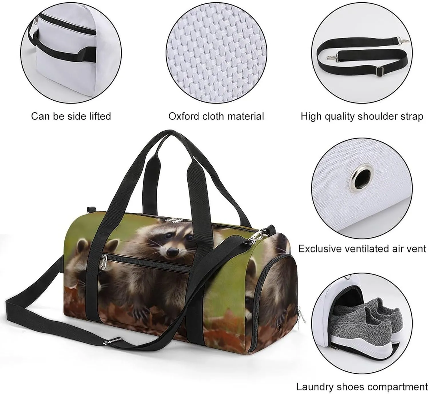 Gym Bag Raccoon Duffel Bag for Men Women Overnight Bag with Shoe Compartment Workout Bags