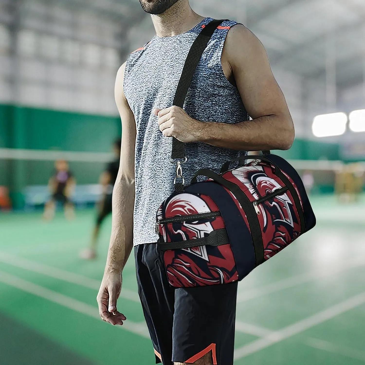 Gym Bag Red Spartan Helmet Duffel Bag for Men Women Overnight Bag with Shoe Compartment Workout Bags