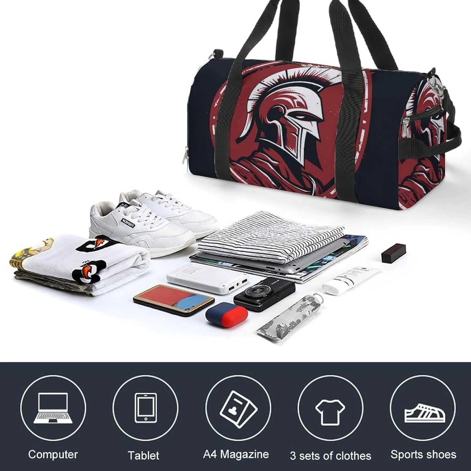 Gym Bag Red Spartan Helmet Duffel Bag for Men Women Overnight Bag with Shoe Compartment Workout Bags