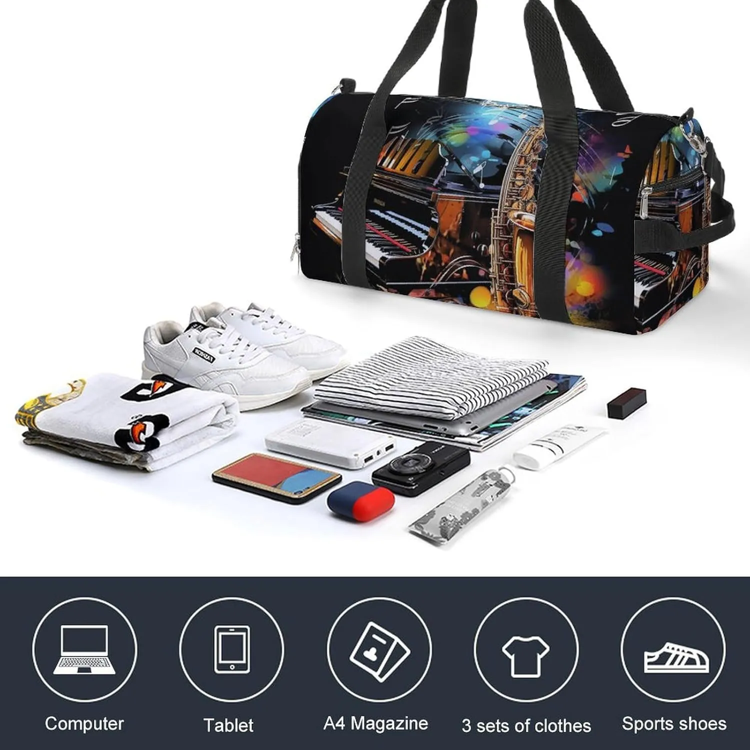 Gym Bag Saxophone And Piano Duffel Bag for Men Women Overnight Bag with Shoe Compartment Workout Bags
