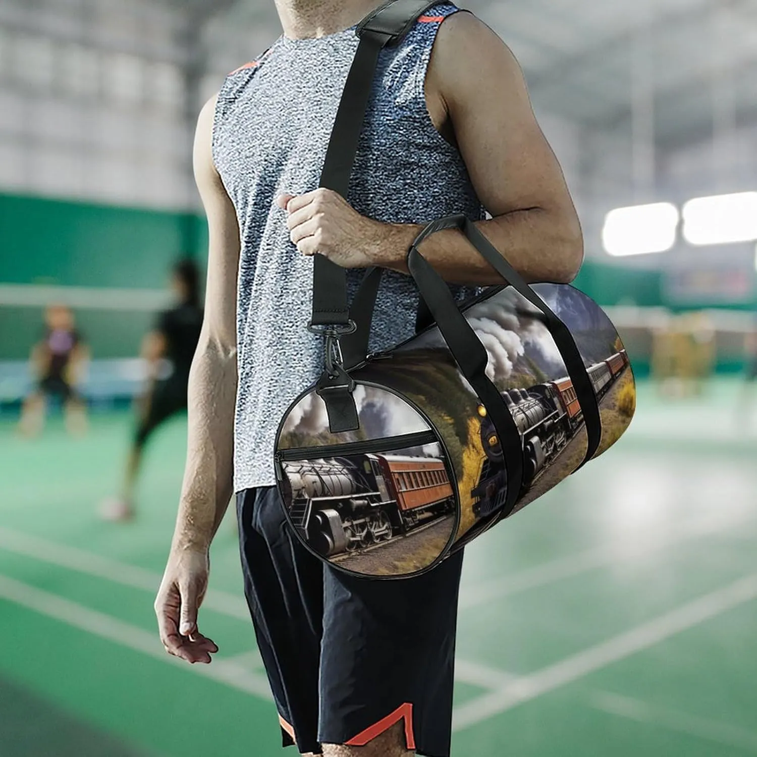 Gym Bag Steam Locomotive Train Duffel Bag for Men Women Overnight Bag with Shoe Compartment Workout Bags