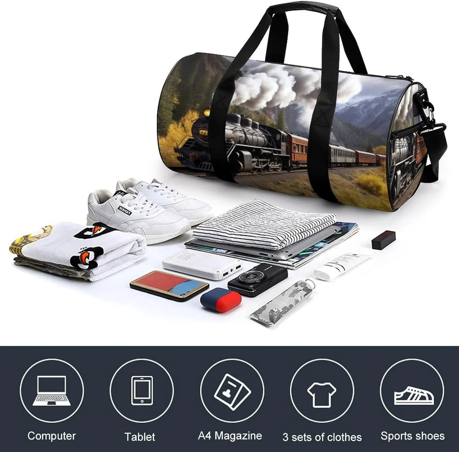 Gym Bag Steam Locomotive Train Duffel Bag for Men Women Overnight Bag with Shoe Compartment Workout Bags
