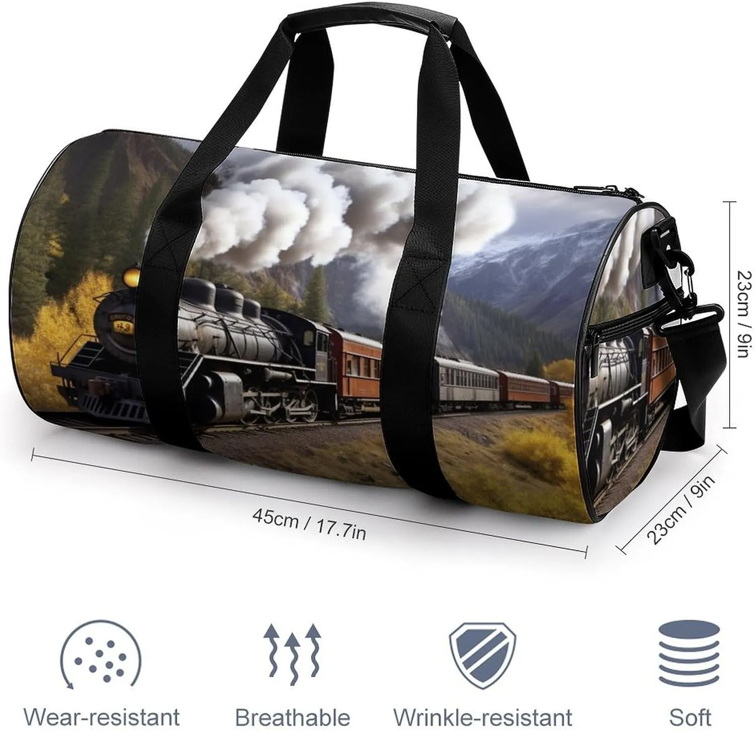Gym Bag Steam Locomotive Train Duffel Bag for Men Women Overnight Bag with Shoe Compartment Workout Bags