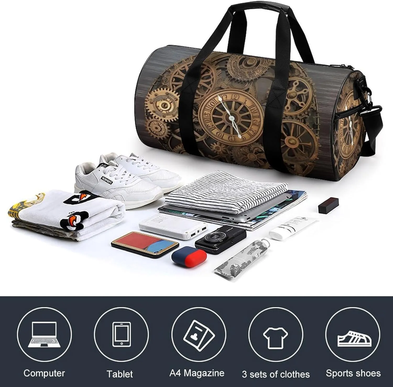 Gym Bag Steampunk Gears Clock Duffel Bag for Men Women Overnight Bag with Shoe Compartment Workout Bags