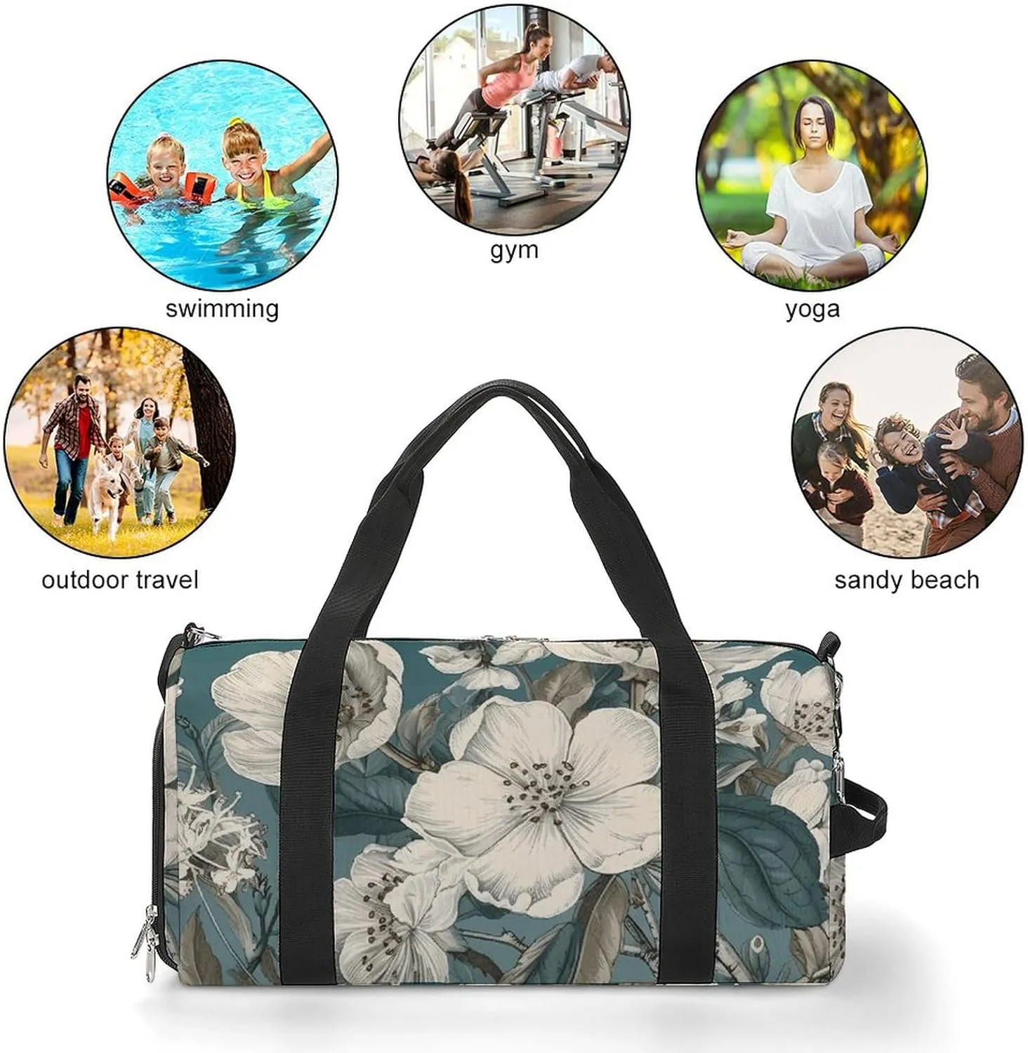 Gym Bag White Flowers Duffel Bag for Men Women Overnight Bag with Shoe Compartment Workout Bags