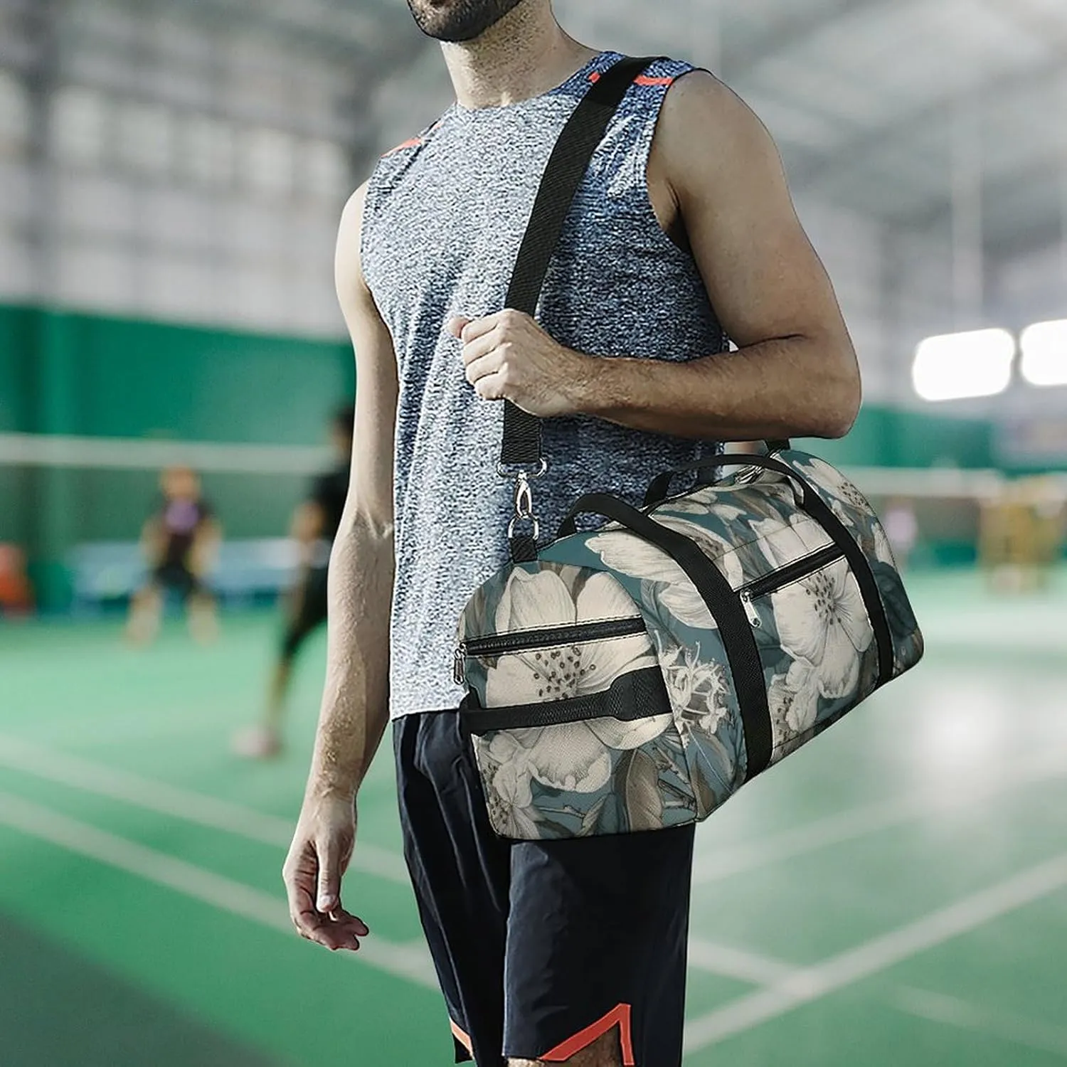 Gym Bag White Flowers Duffel Bag for Men Women Overnight Bag with Shoe Compartment Workout Bags