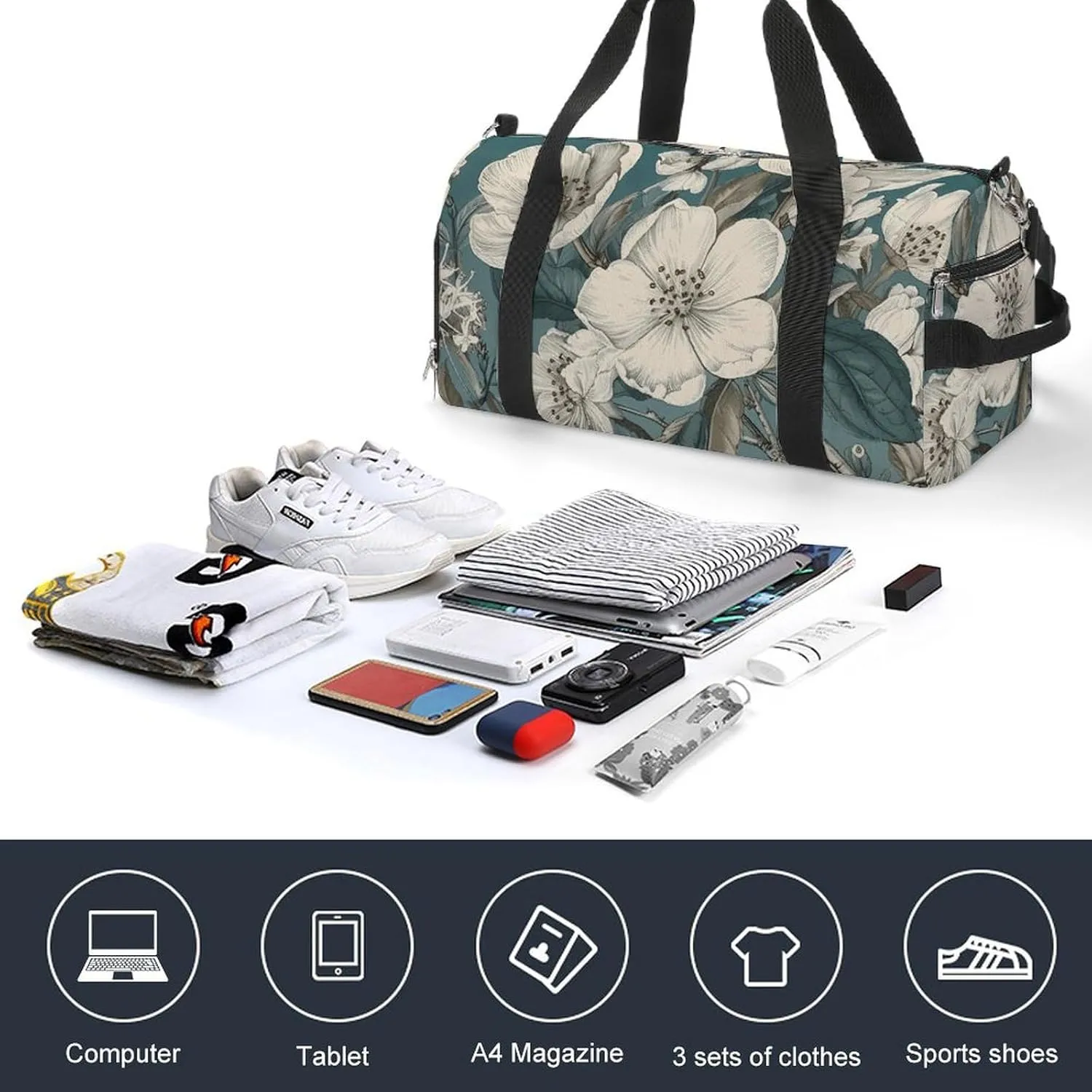 Gym Bag White Flowers Duffel Bag for Men Women Overnight Bag with Shoe Compartment Workout Bags