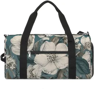 Gym Bag White Flowers Duffel Bag for Men Women Overnight Bag with Shoe Compartment Workout Bags