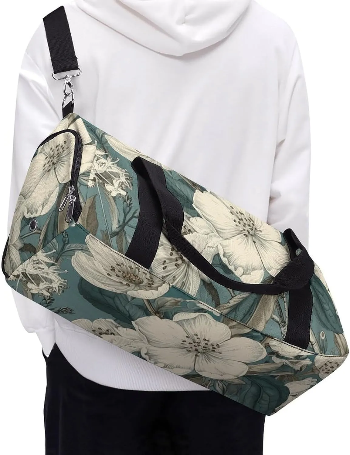 Gym Bag White Flowers Duffel Bag for Men Women Overnight Bag with Shoe Compartment Workout Bags