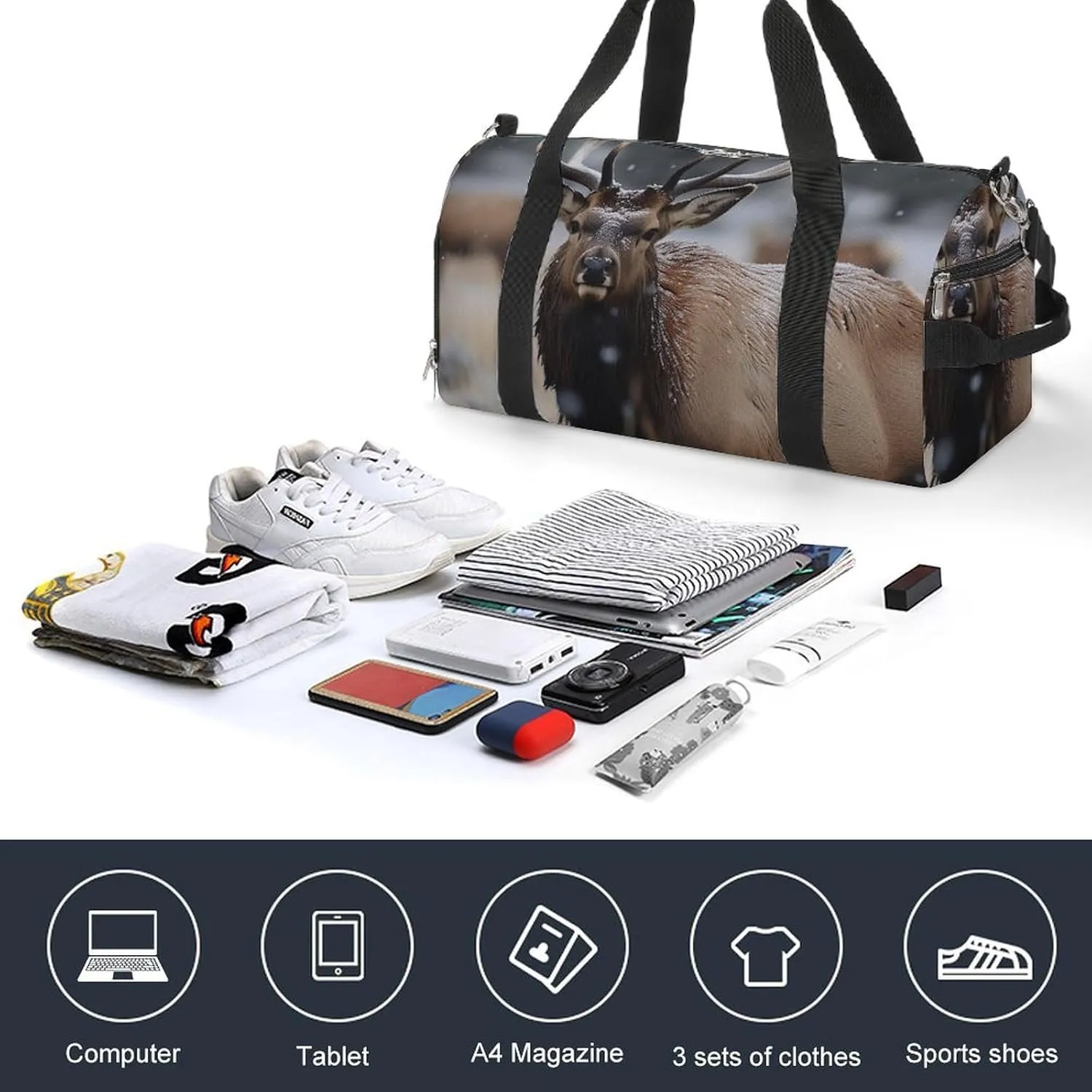 Gym Bag Wild Elk Duffel Bag for Men Women Overnight Bag with Shoe Compartment Workout Bags