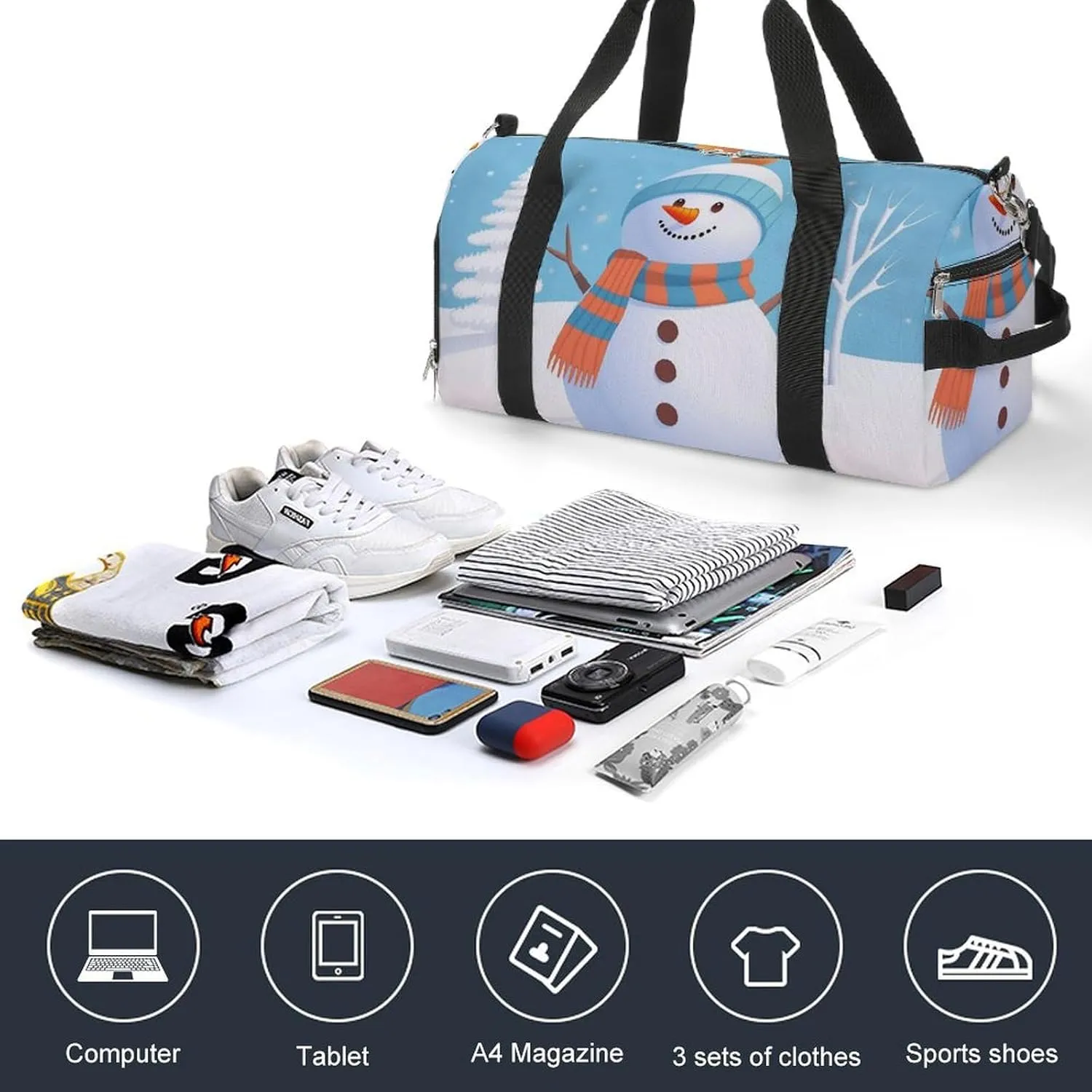 Gym Bags for Men Women Cute Snowman Snow Duffle Bag Travel Overnight Bag with Shoe Compartment Tote Bags