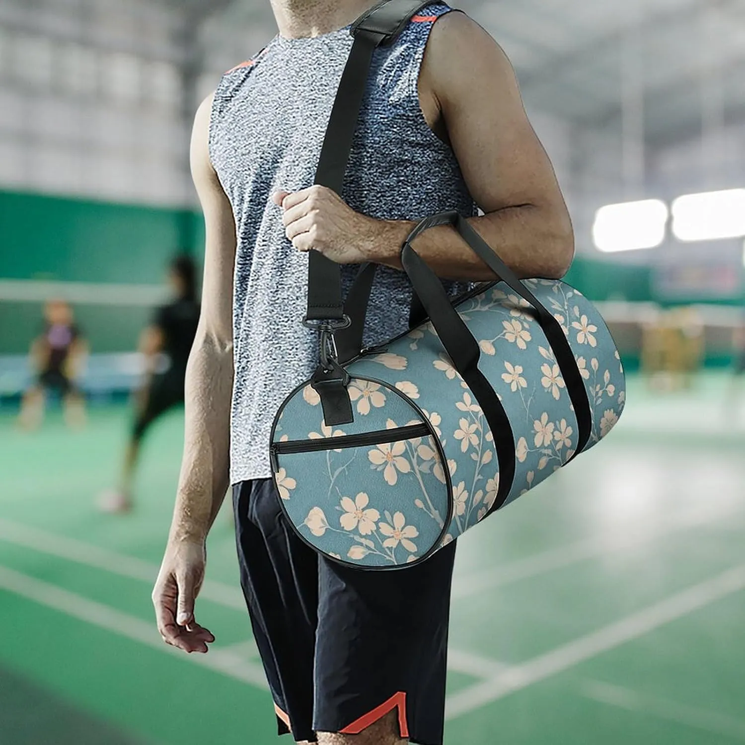 Gym Bags for Men Women Floral Light Blue Duffle Bag Travel Overnight Bag with Shoe Compartment Tote Bags