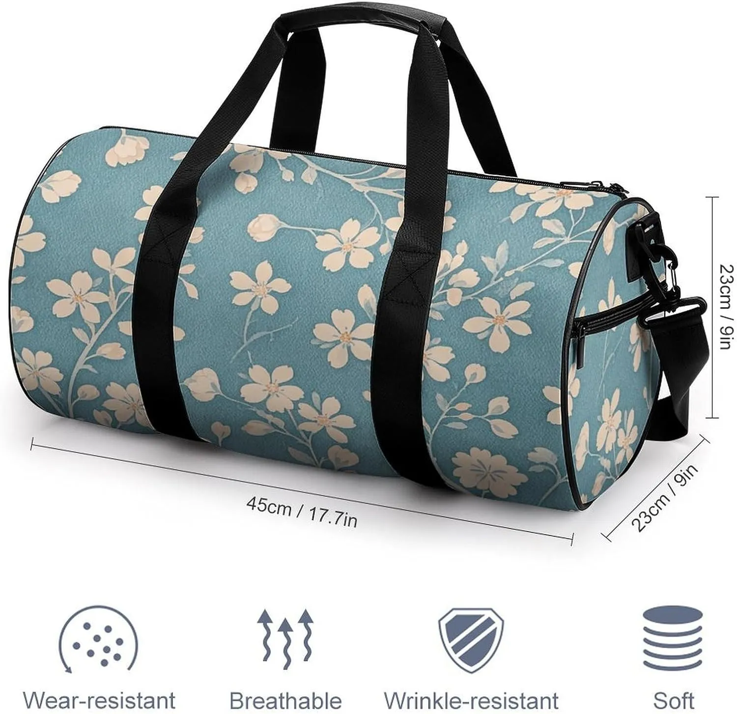 Gym Bags for Men Women Floral Light Blue Duffle Bag Travel Overnight Bag with Shoe Compartment Tote Bags