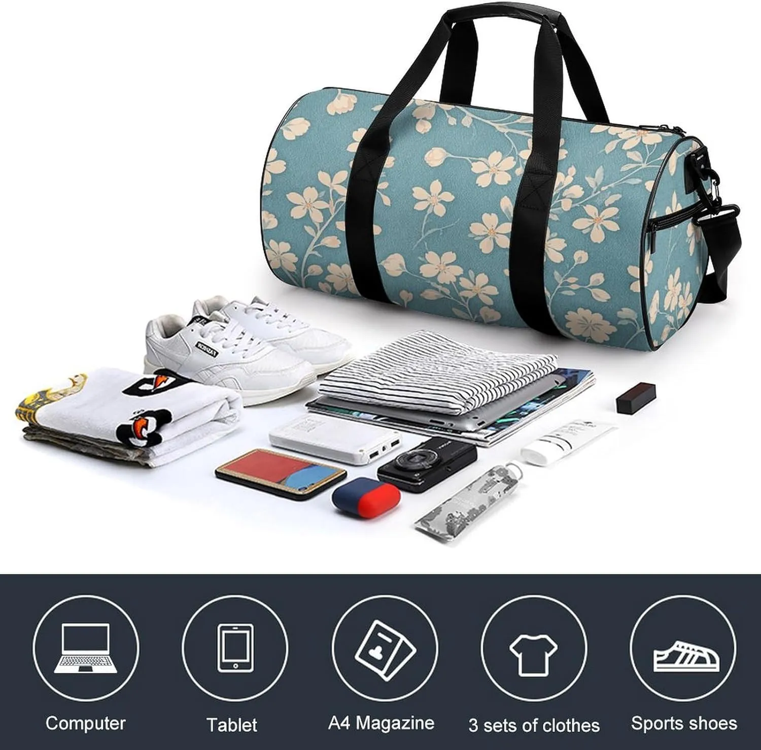 Gym Bags for Men Women Floral Light Blue Duffle Bag Travel Overnight Bag with Shoe Compartment Tote Bags
