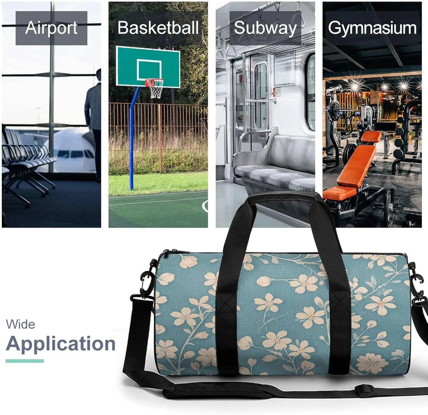 Gym Bags for Men Women Floral Light Blue Duffle Bag Travel Overnight Bag with Shoe Compartment Tote Bags