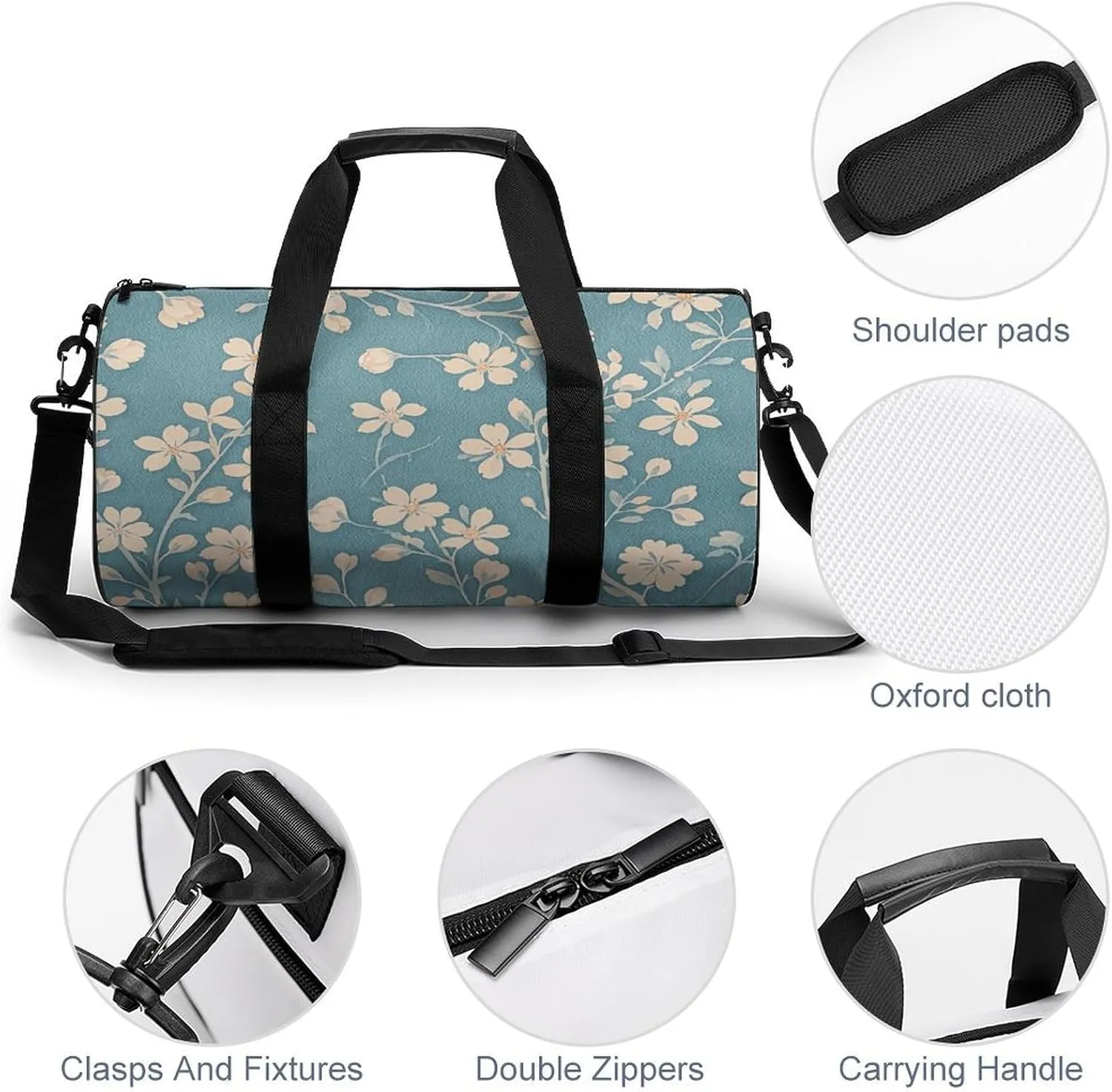 Gym Bags for Men Women Floral Light Blue Duffle Bag Travel Overnight Bag with Shoe Compartment Tote Bags