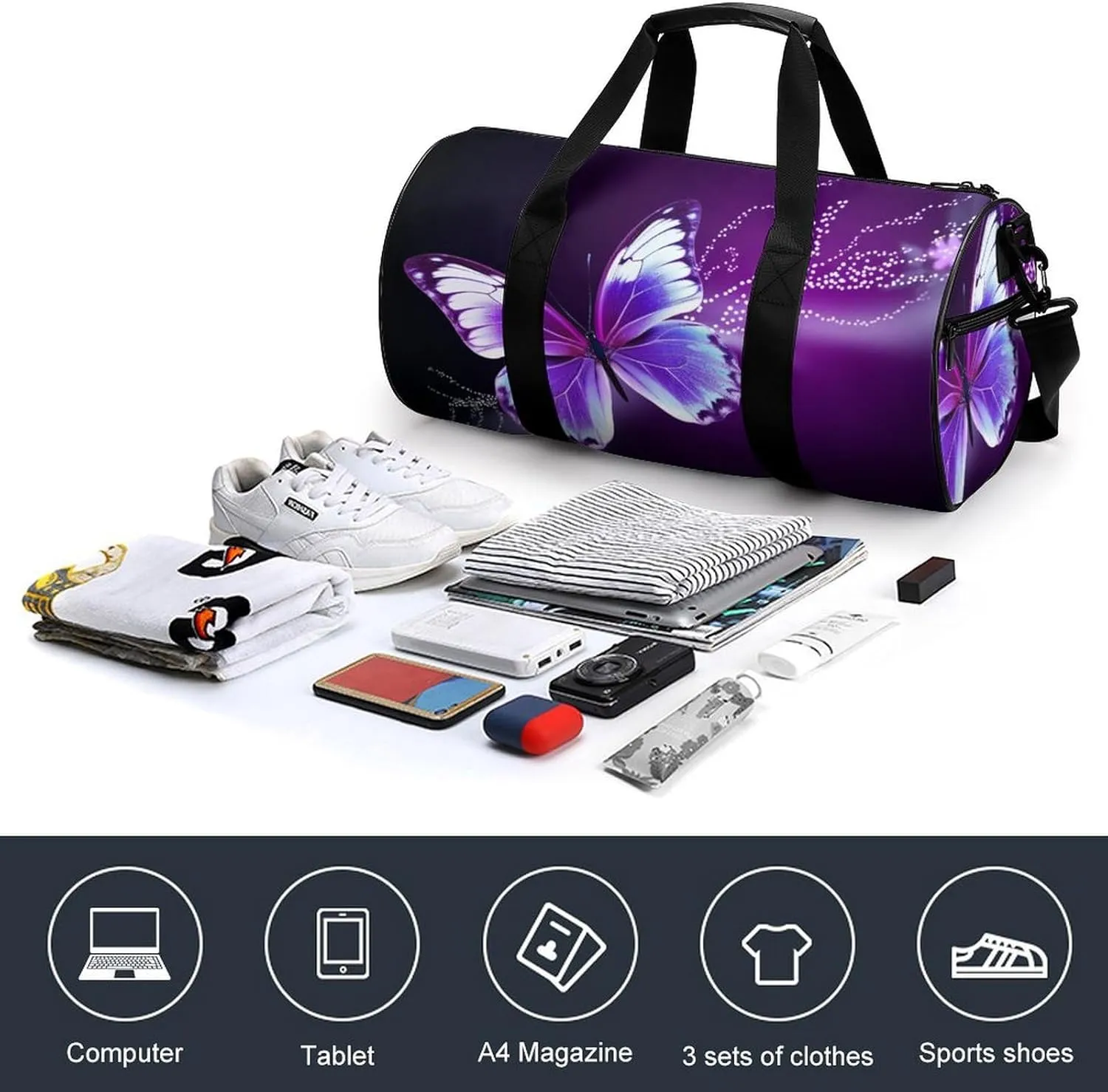 Gym Bags for Men Women Lovely Purple Butterfly Duffle Bag Travel Overnight Bag with Shoe Compartment Tote Bags