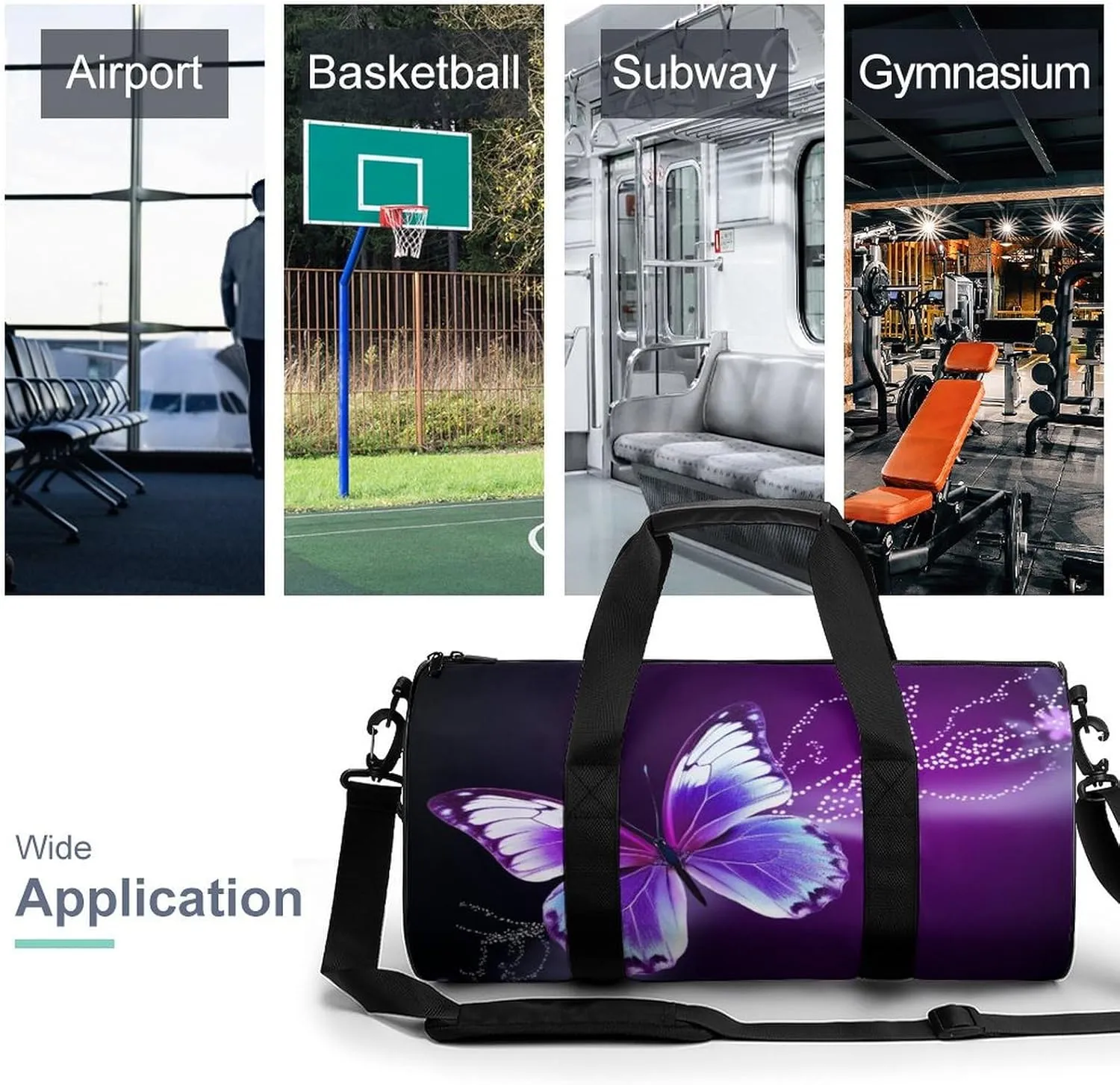 Gym Bags for Men Women Lovely Purple Butterfly Duffle Bag Travel Overnight Bag with Shoe Compartment Tote Bags