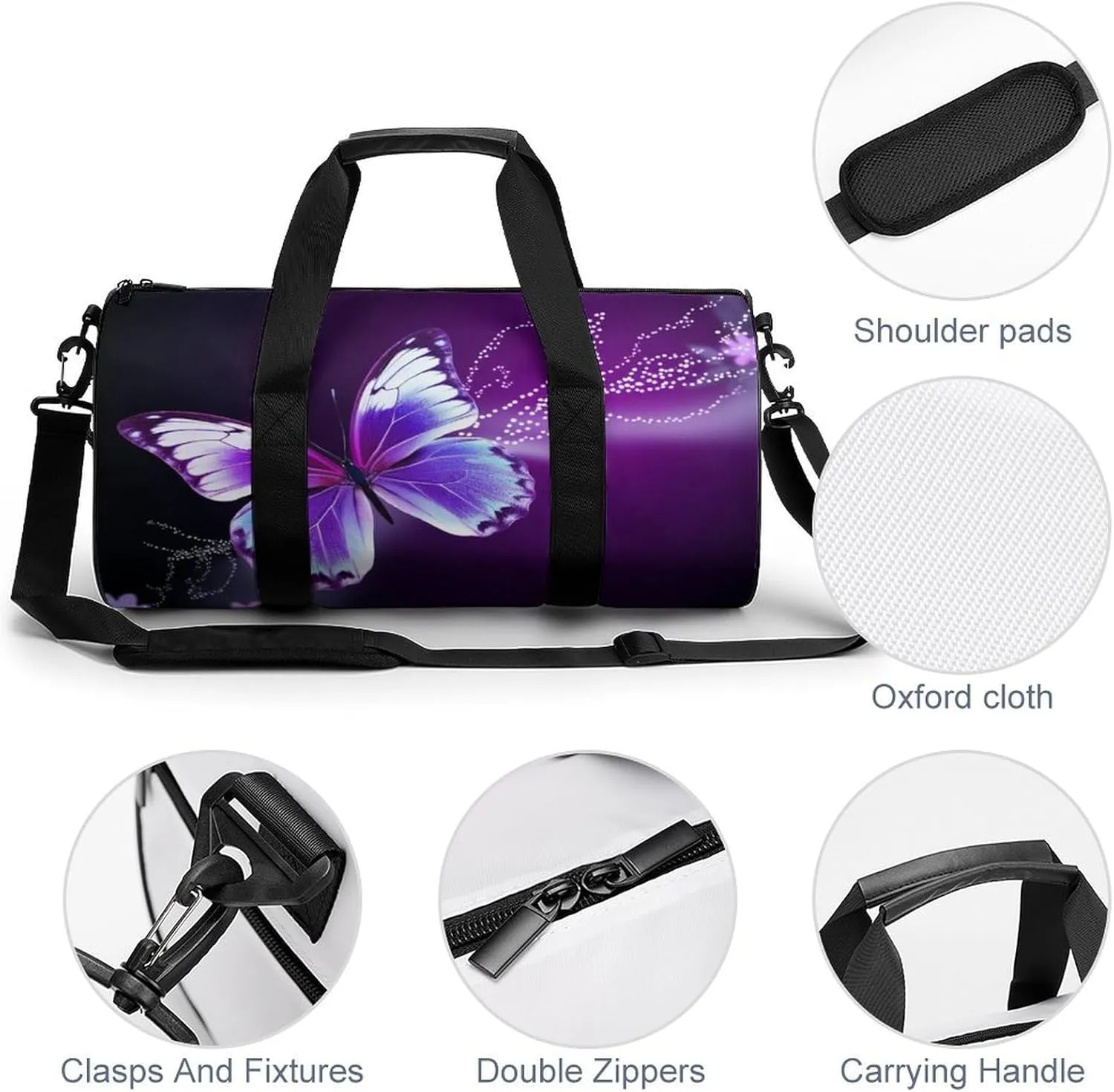 Gym Bags for Men Women Lovely Purple Butterfly Duffle Bag Travel Overnight Bag with Shoe Compartment Tote Bags