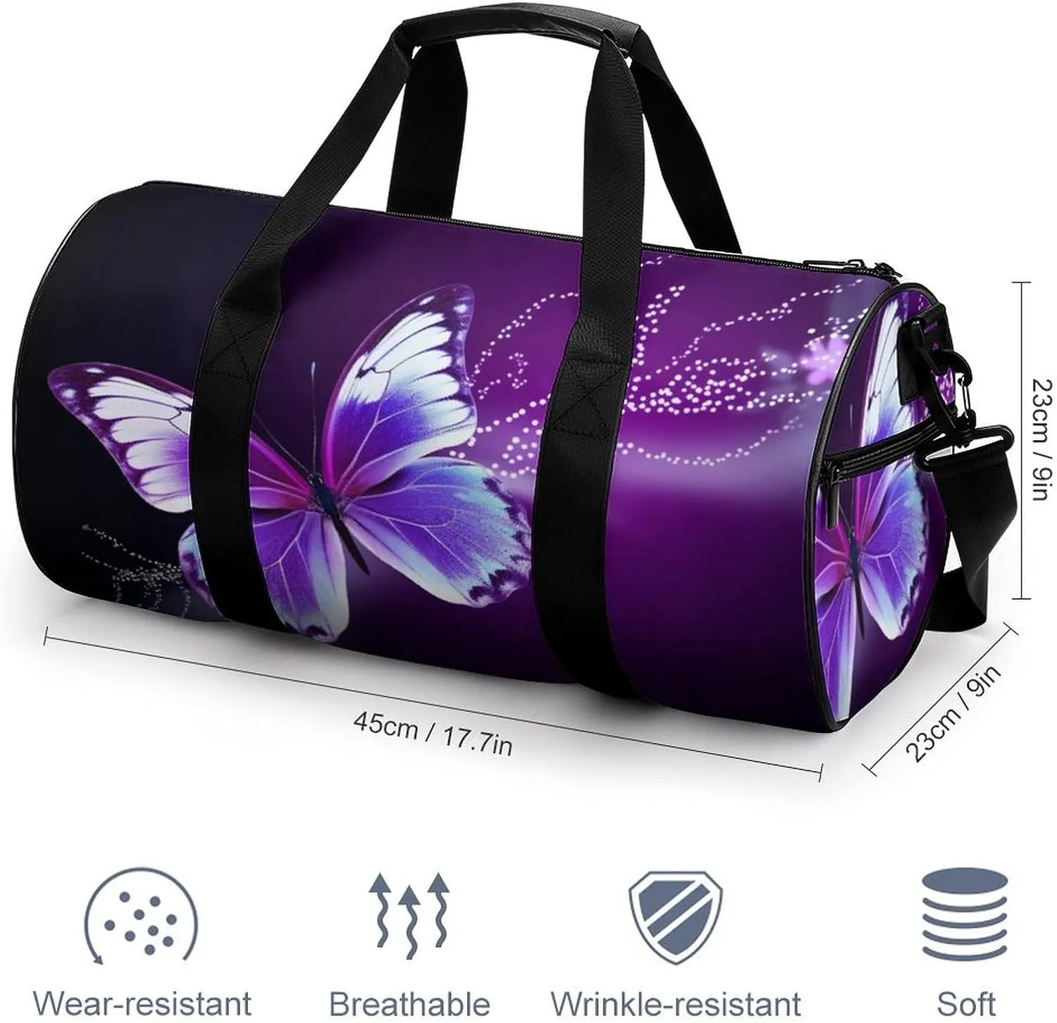 Gym Bags for Men Women Lovely Purple Butterfly Duffle Bag Travel Overnight Bag with Shoe Compartment Tote Bags