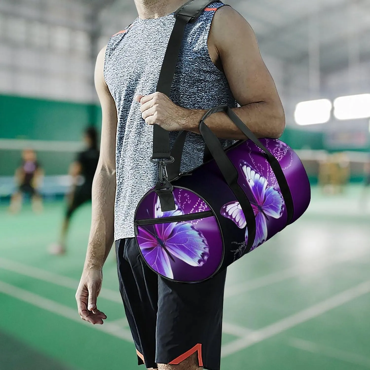 Gym Bags for Men Women Lovely Purple Butterfly Duffle Bag Travel Overnight Bag with Shoe Compartment Tote Bags