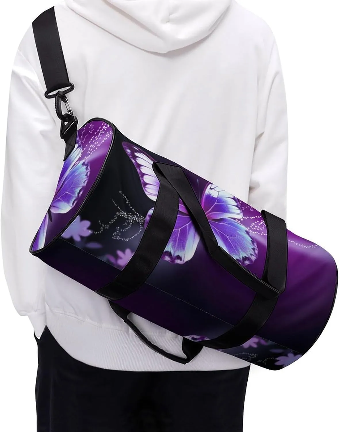Gym Bags for Men Women Lovely Purple Butterfly Duffle Bag Travel Overnight Bag with Shoe Compartment Tote Bags
