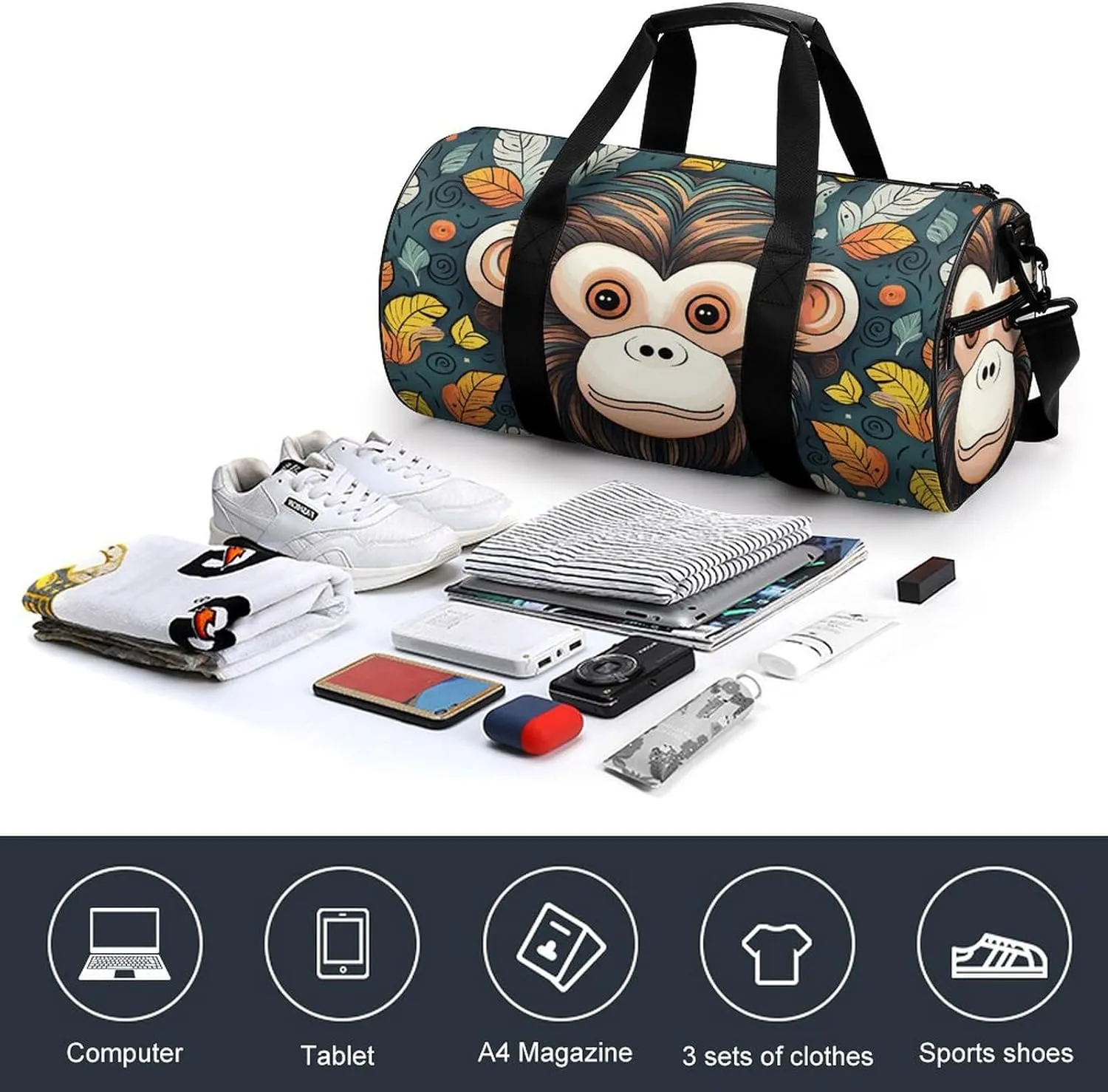 Gym Bags for Men Women Monkey Pattern Duffle Bag Travel Overnight Bag with Shoe Compartment Tote Bags