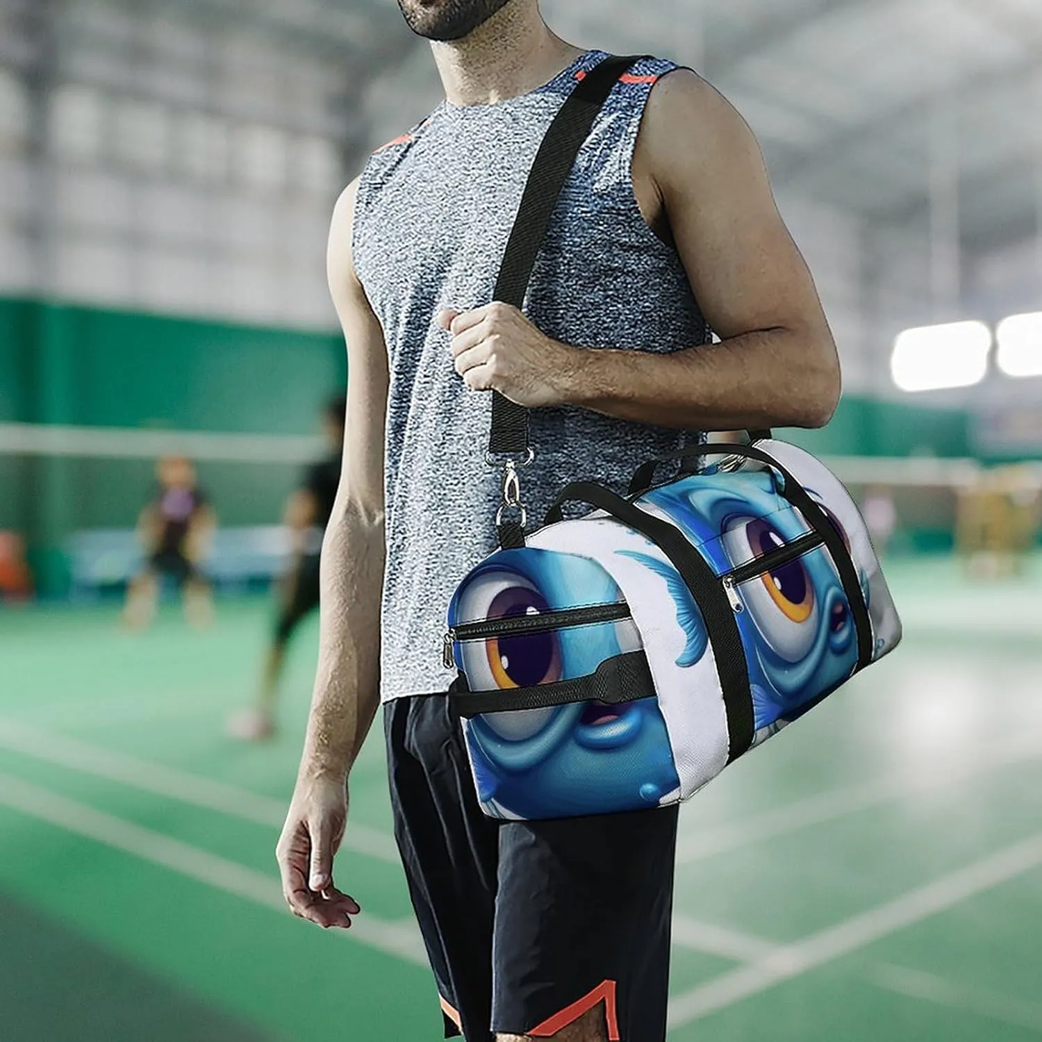 Gym Bags Small Blue Cartoon Fish Duffel Bag Overnight Bag with Shoe Compartment Carryon Bag for Men Women