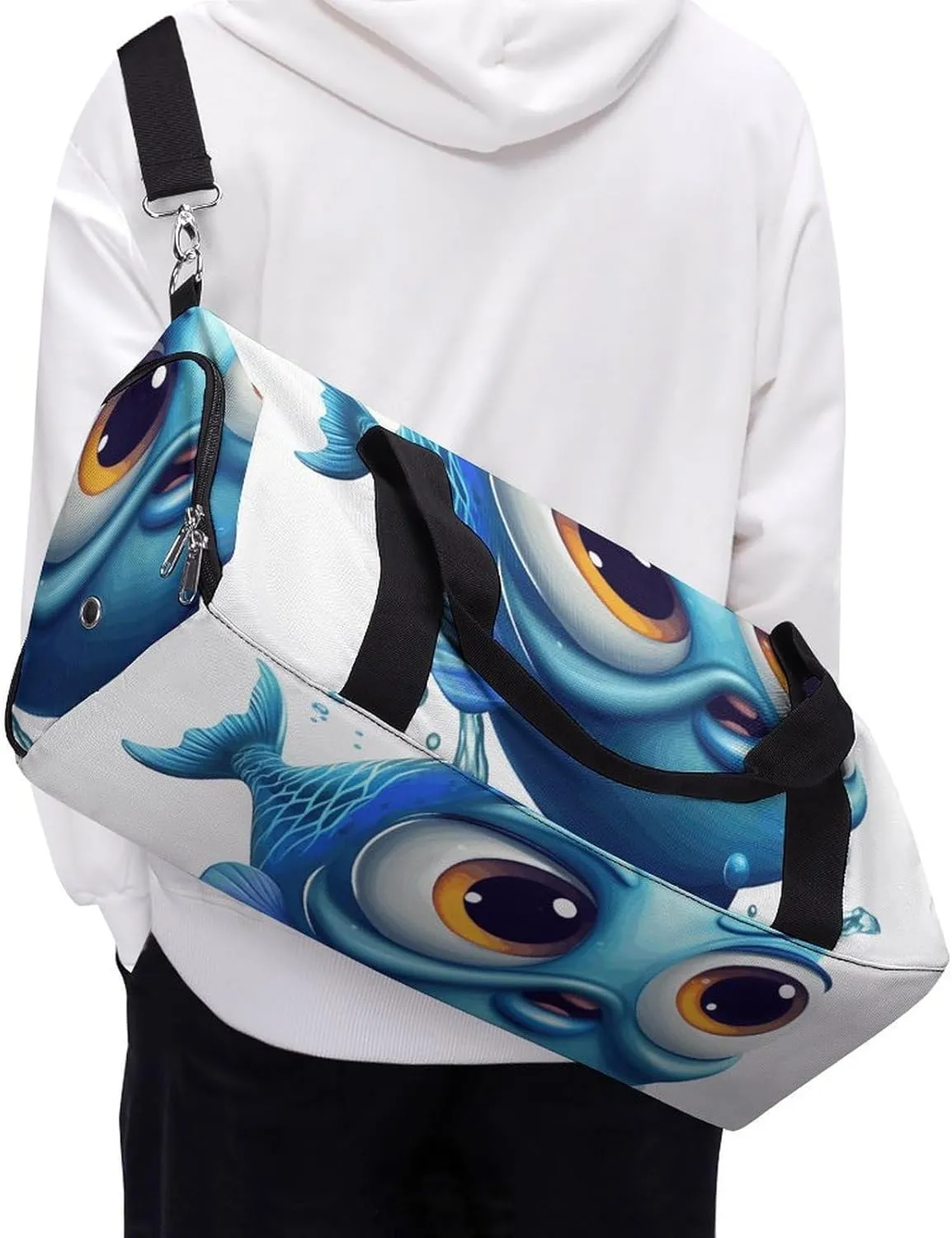 Gym Bags Small Blue Cartoon Fish Duffel Bag Overnight Bag with Shoe Compartment Carryon Bag for Men Women