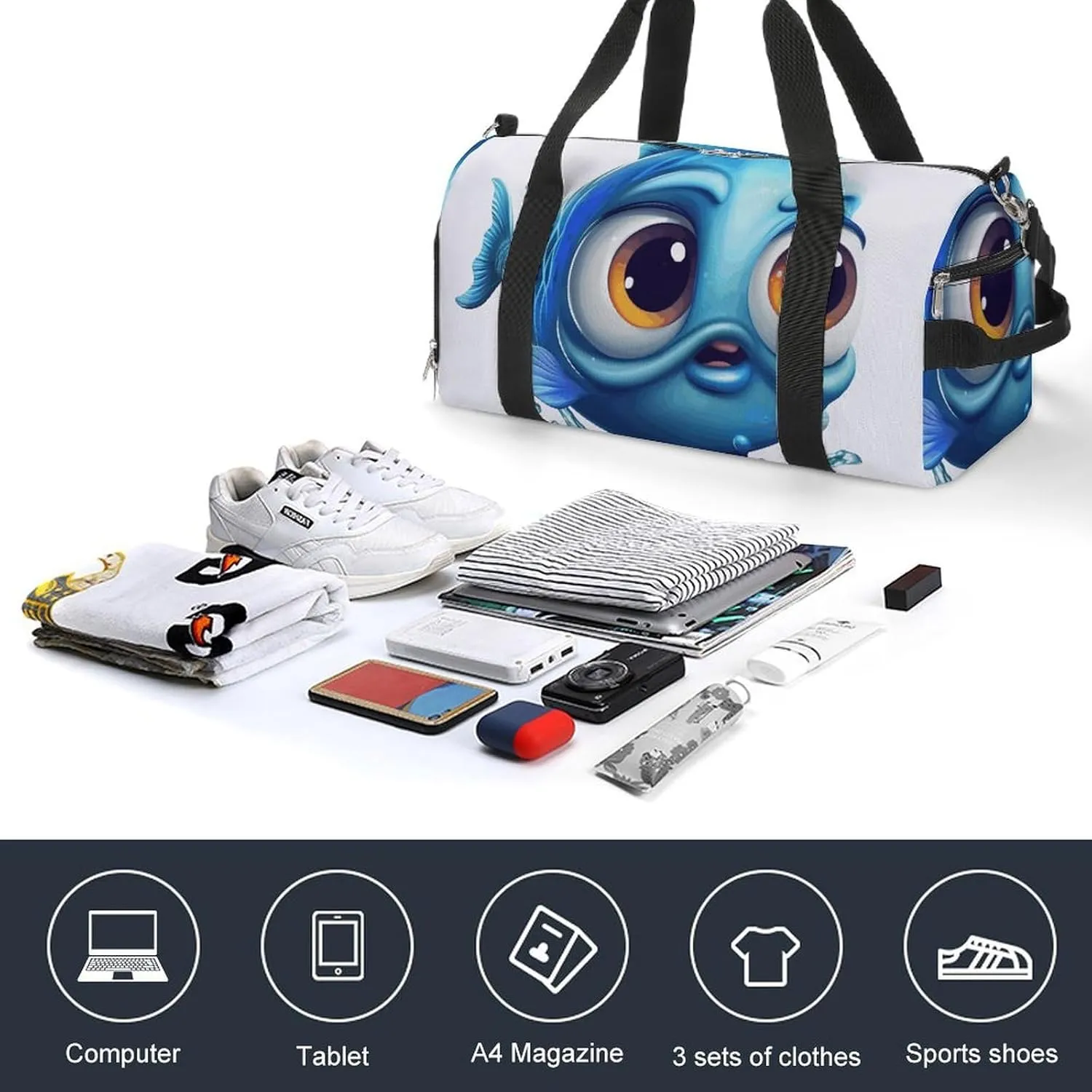Gym Bags Small Blue Cartoon Fish Duffel Bag Overnight Bag with Shoe Compartment Carryon Bag for Men Women