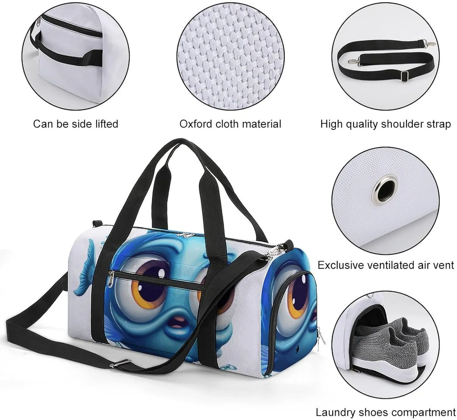 Gym Bags Small Blue Cartoon Fish Duffel Bag Overnight Bag with Shoe Compartment Carryon Bag for Men Women